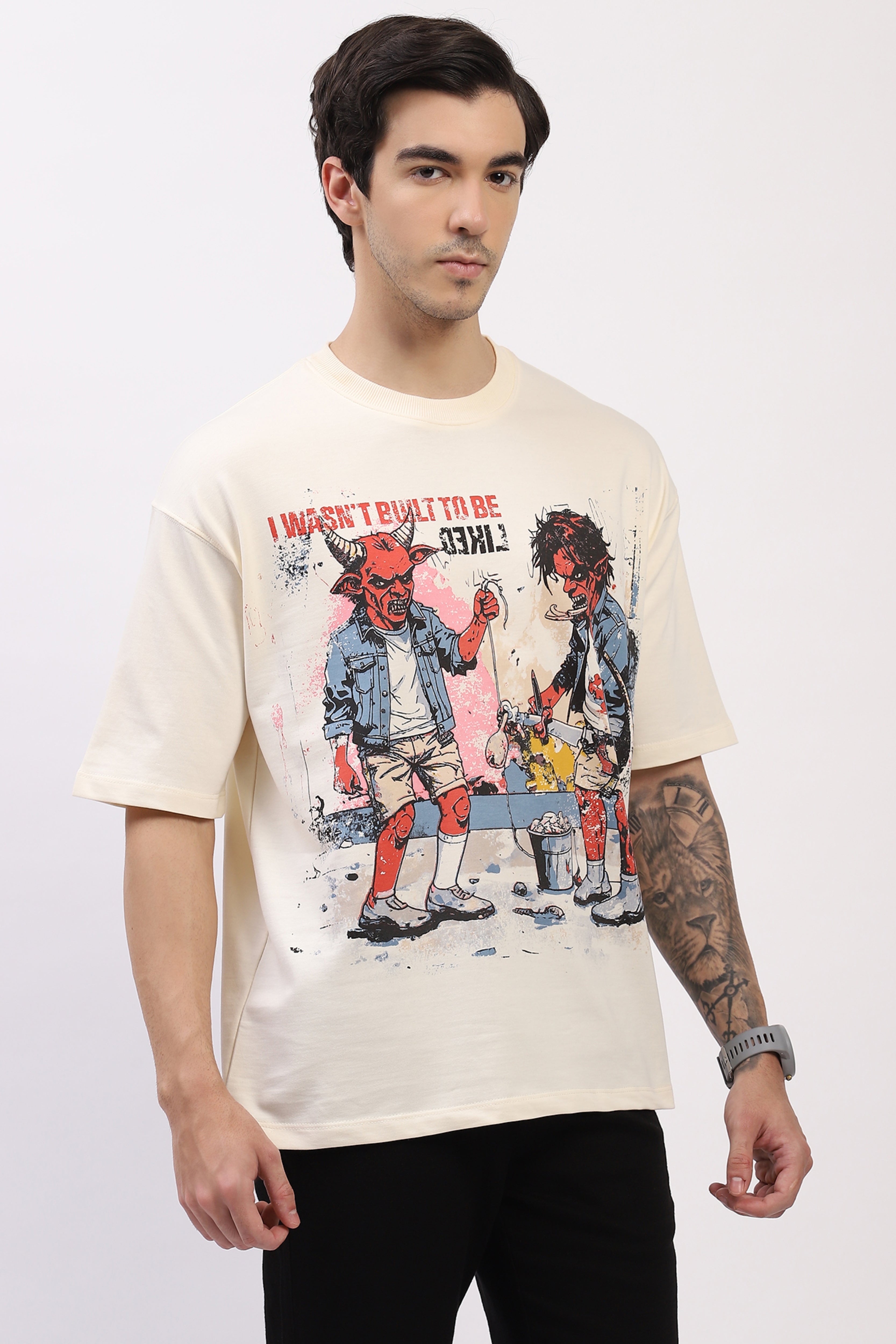 Cream Oversized Devil War Print T-Shirt