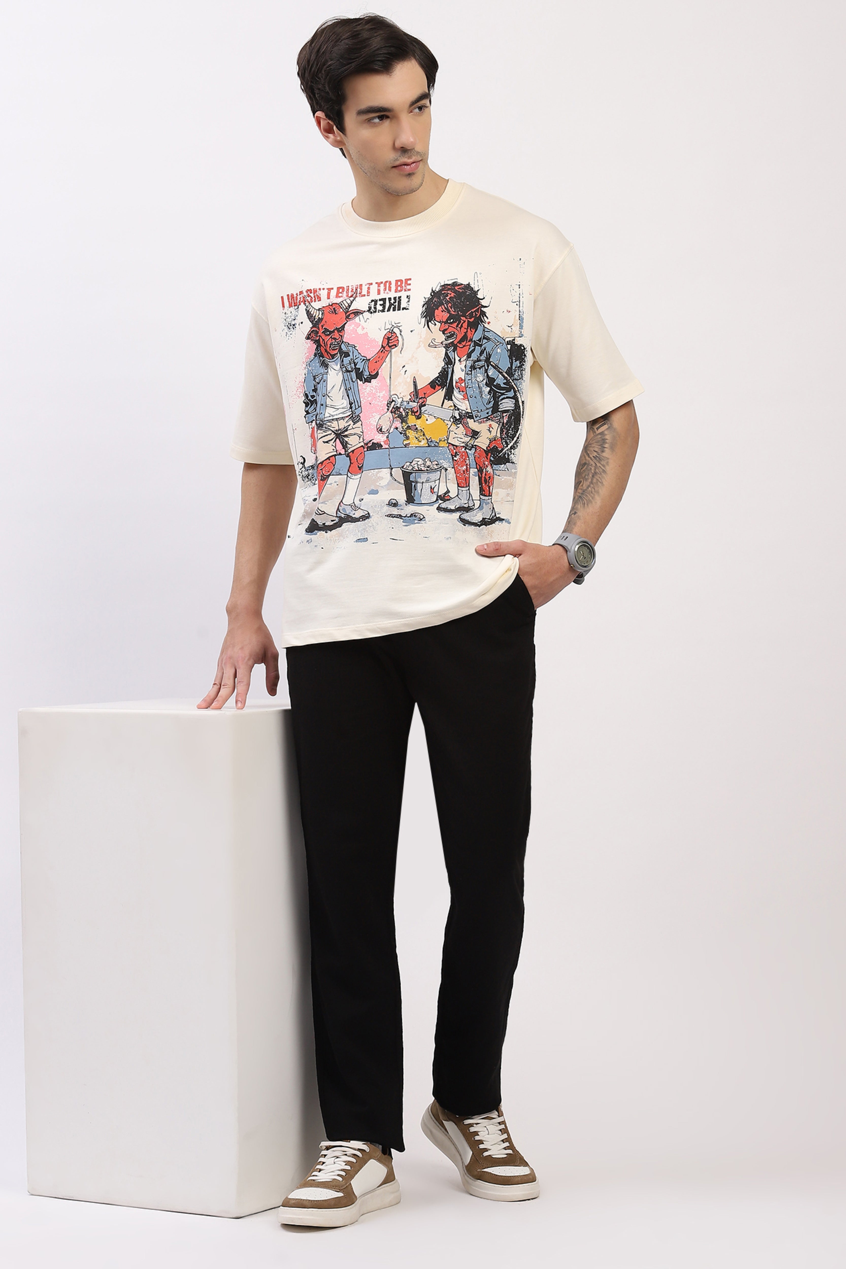 Cream Oversized Devil War Print T-Shirt