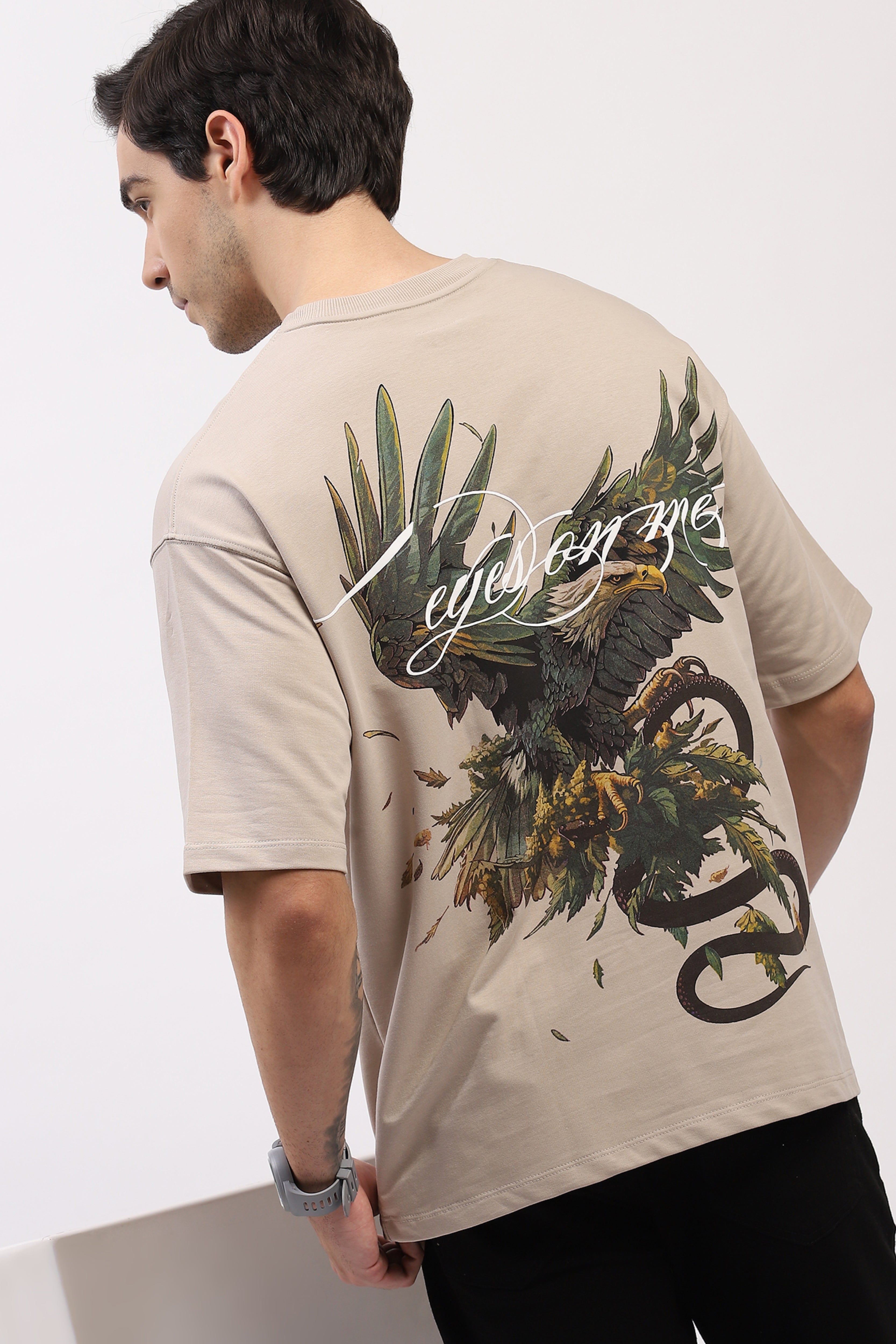 Light Grey Oversized Hawk Print T-Shirt