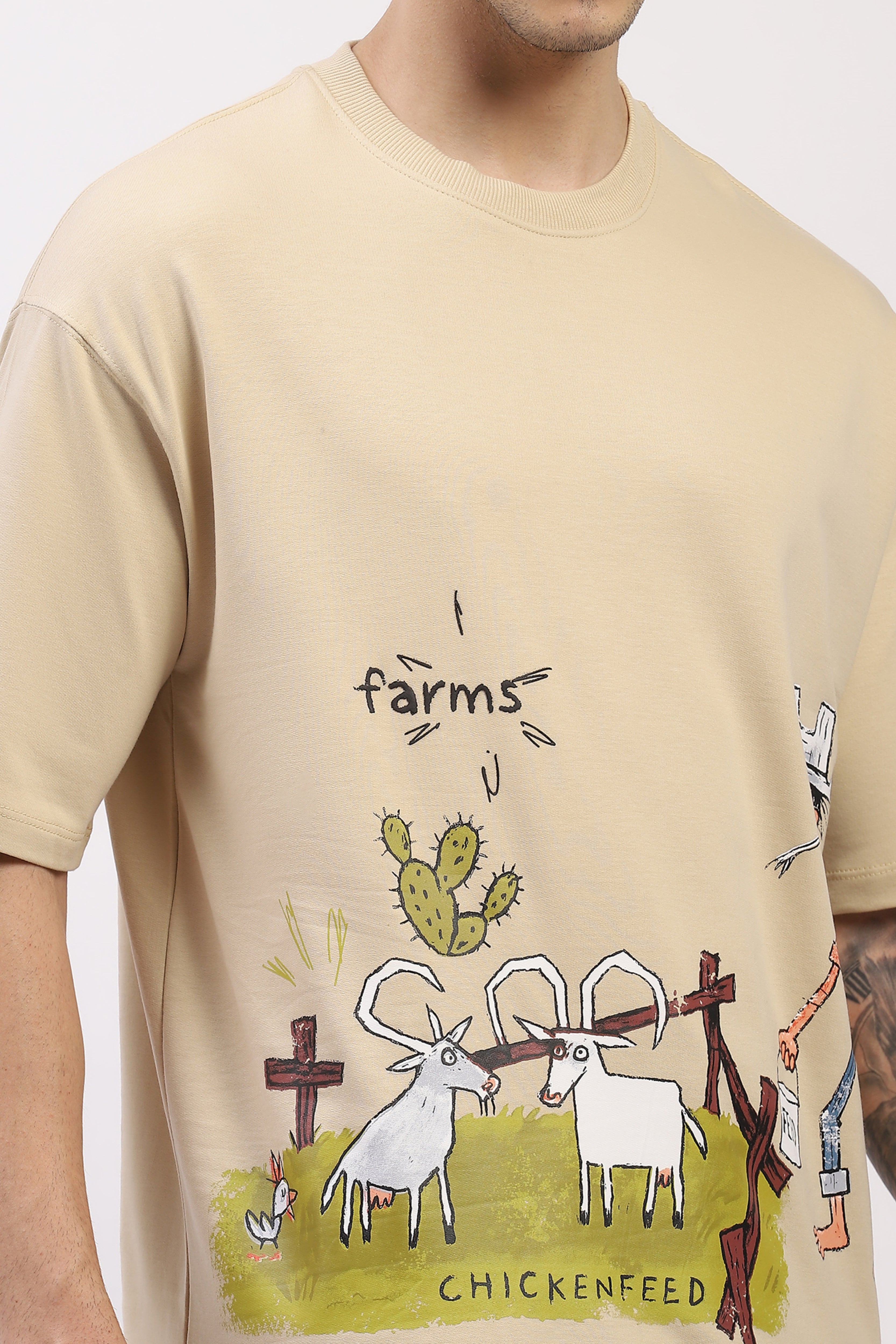 Beige Oversized Quirky Print T-Shirt
