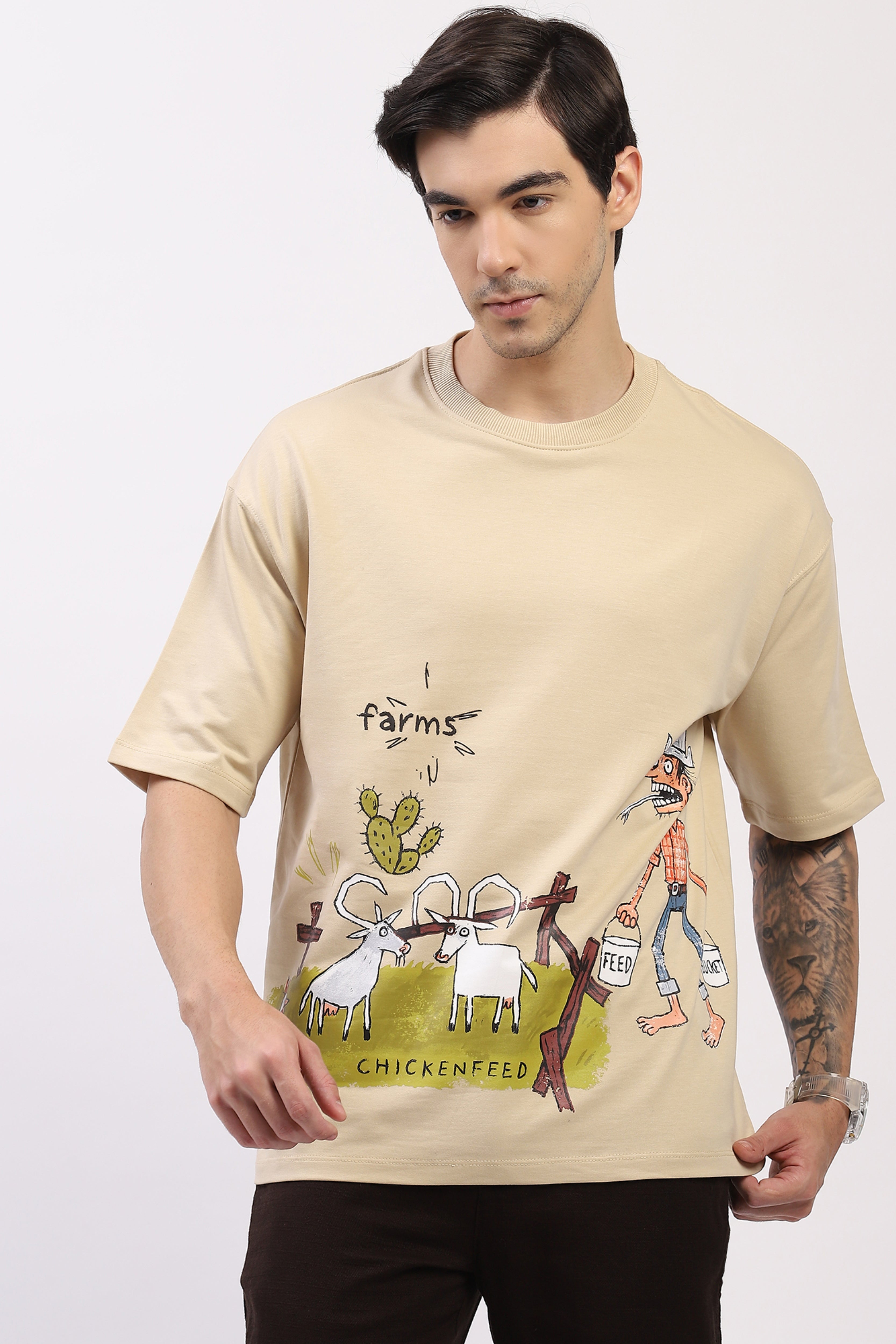 Beige Oversized Quirky Print T-Shirt