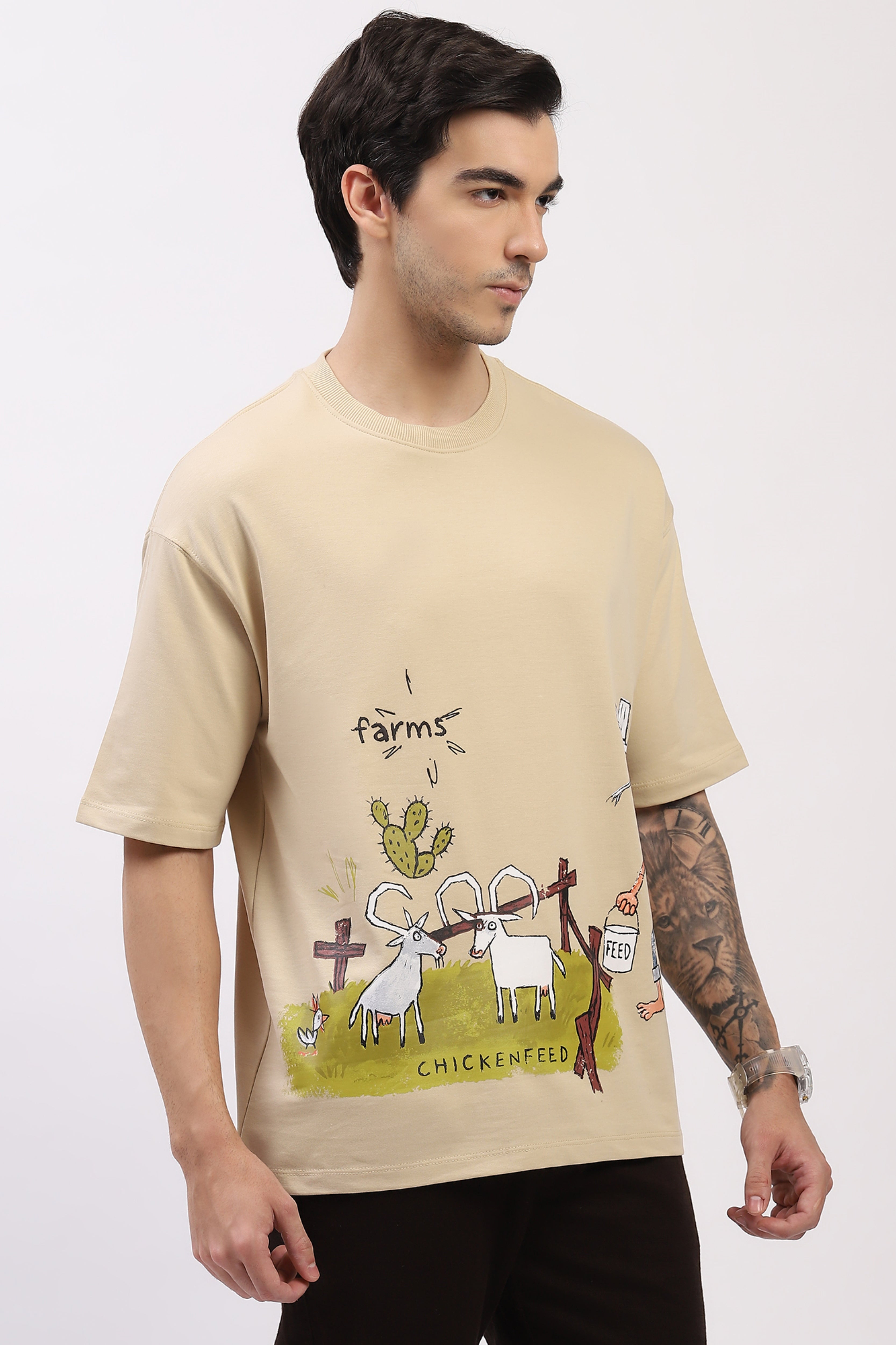 Beige Oversized Quirky Print T-Shirt