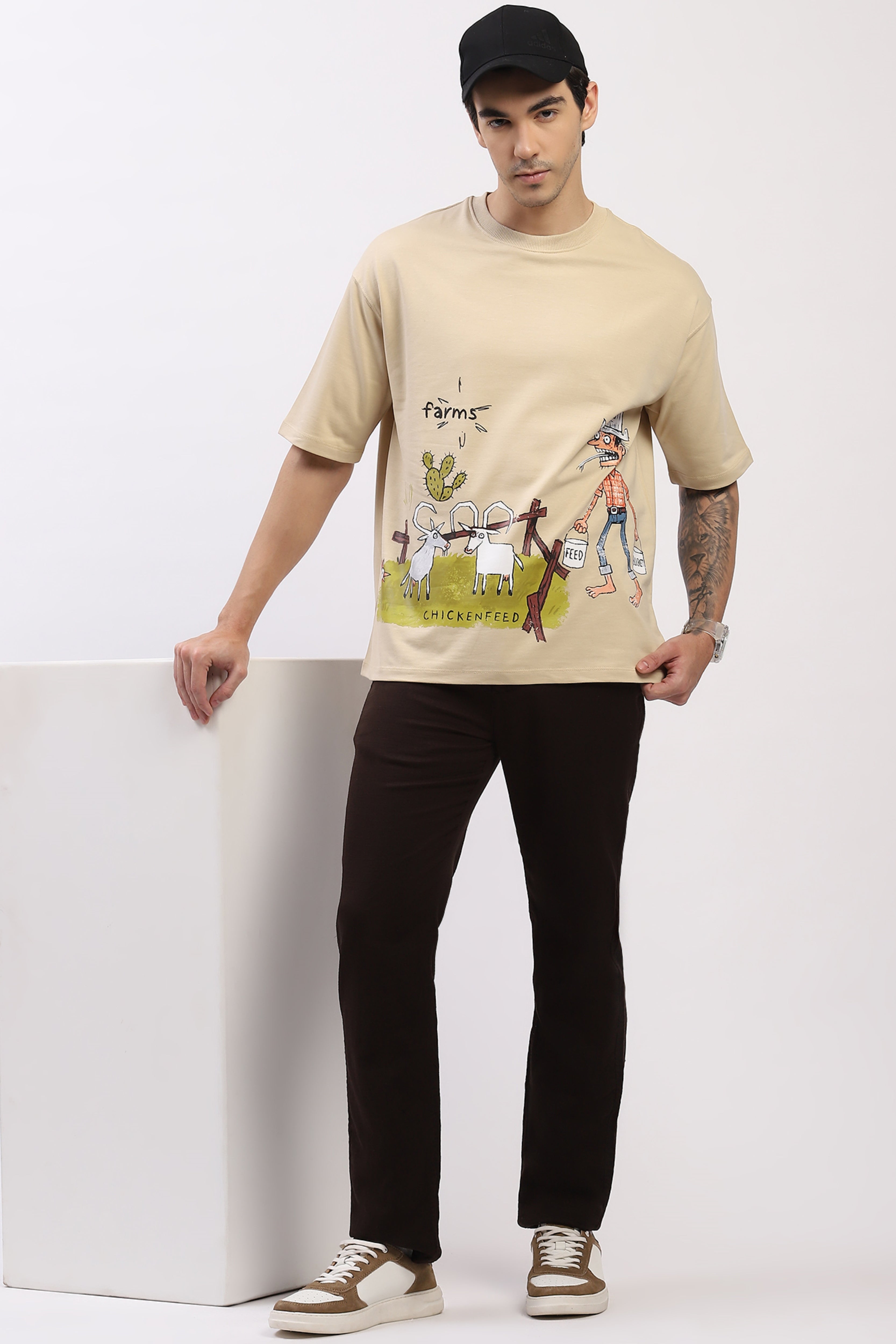 Beige Oversized Quirky Print T-Shirt