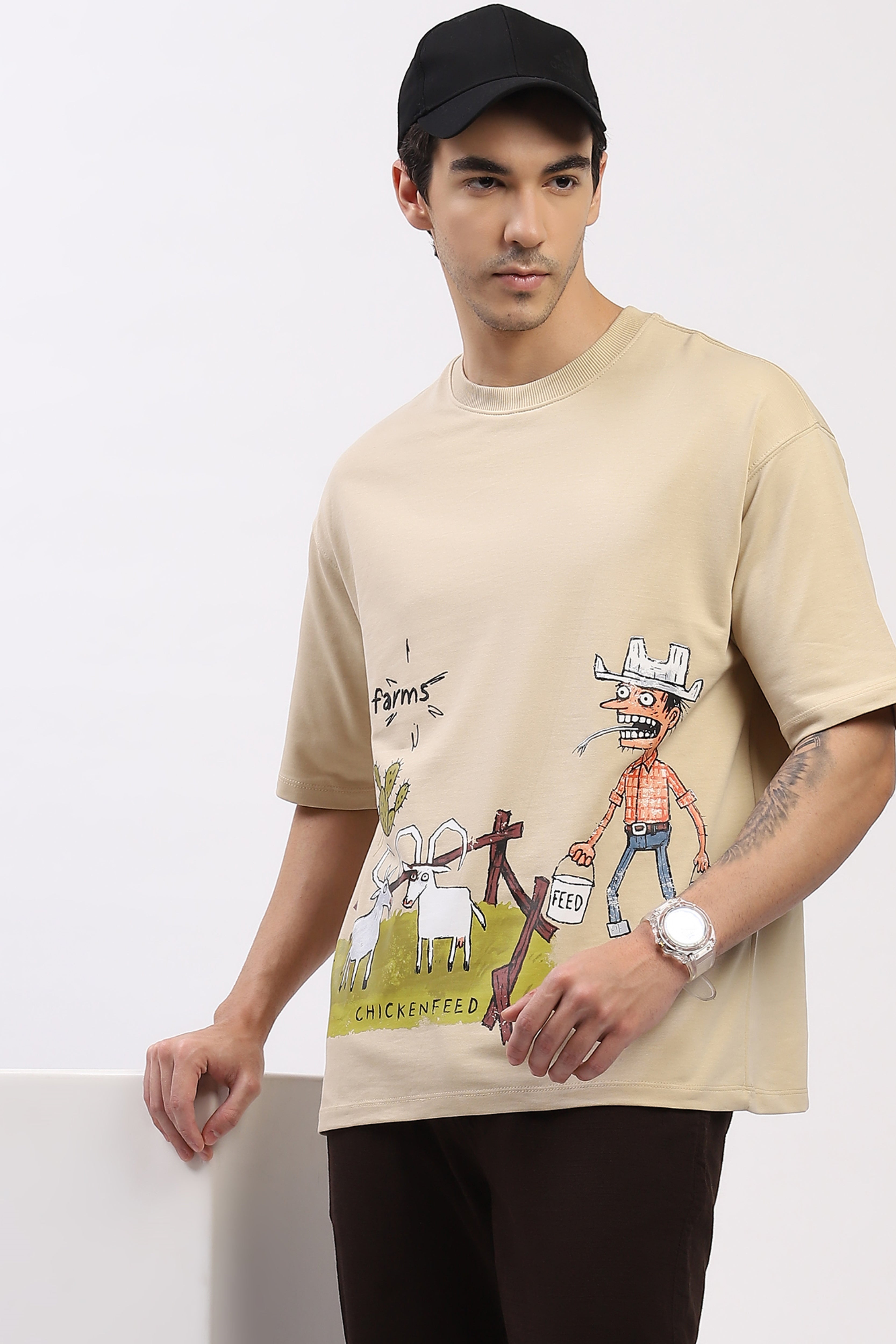 Beige Oversized Quirky Print T-Shirt