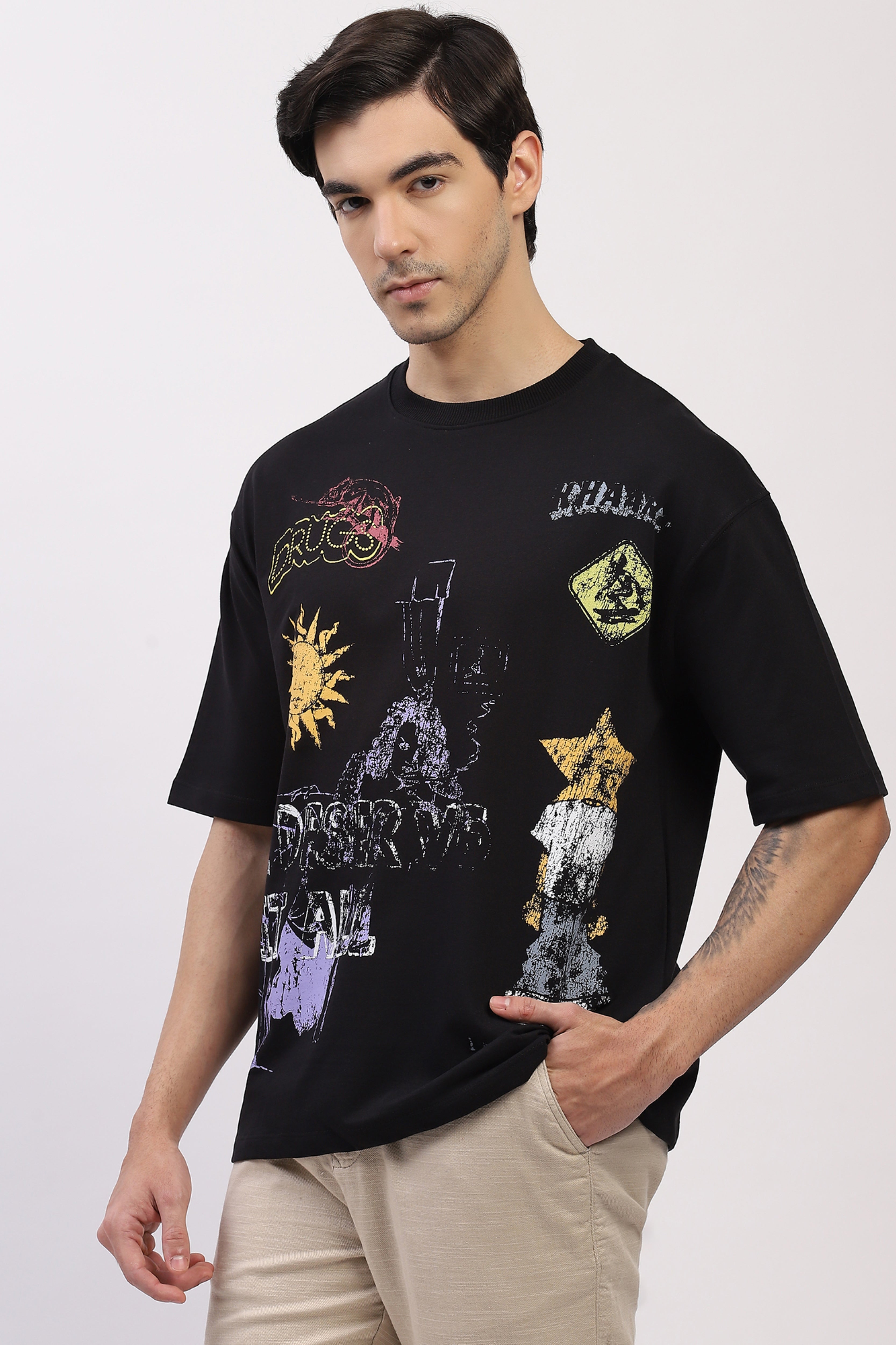 Black Oversized Modern Art Print T-Shirt