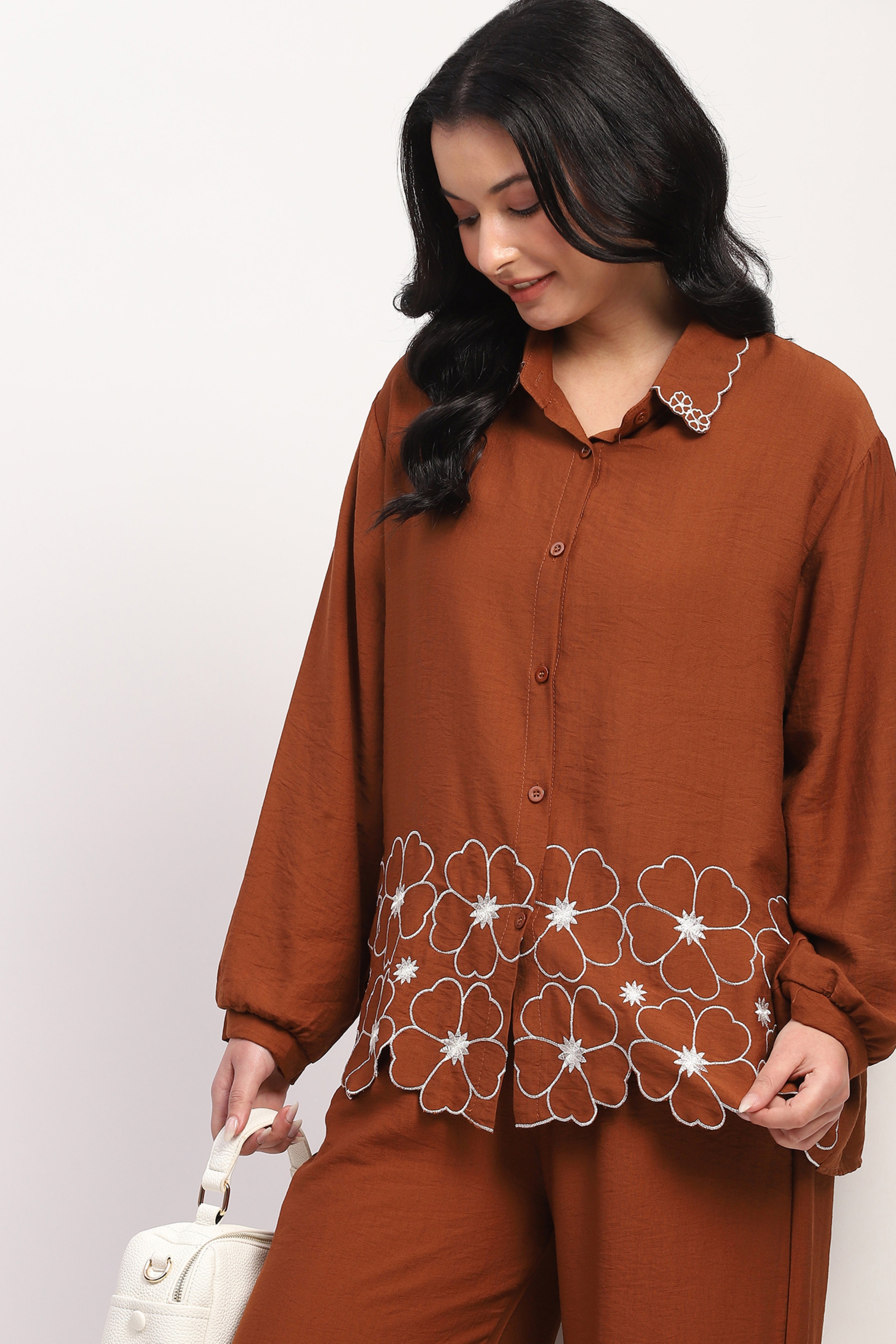 Brown Floral Embroidered Loungewear Set