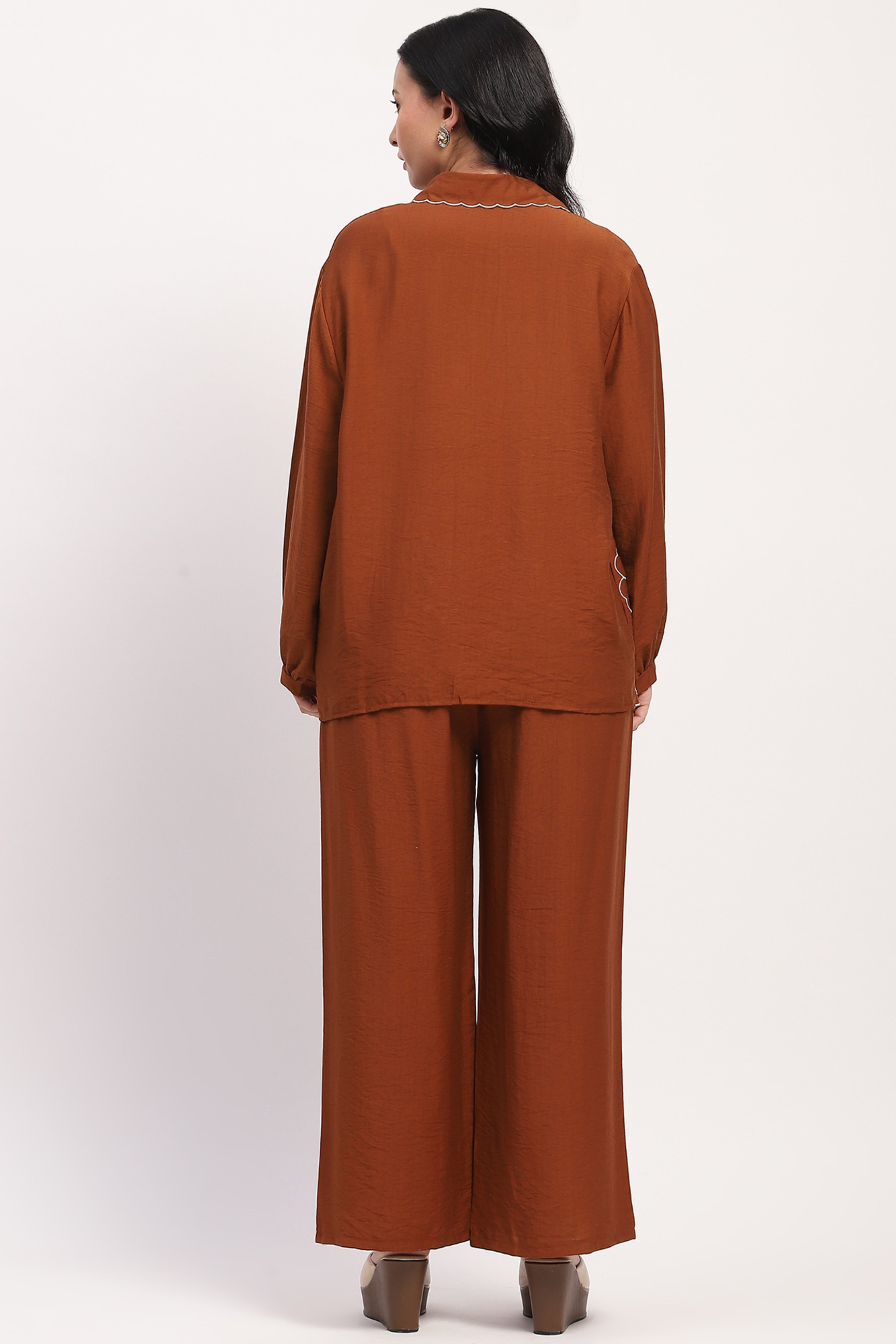 Brown Floral Embroidered Loungewear Set