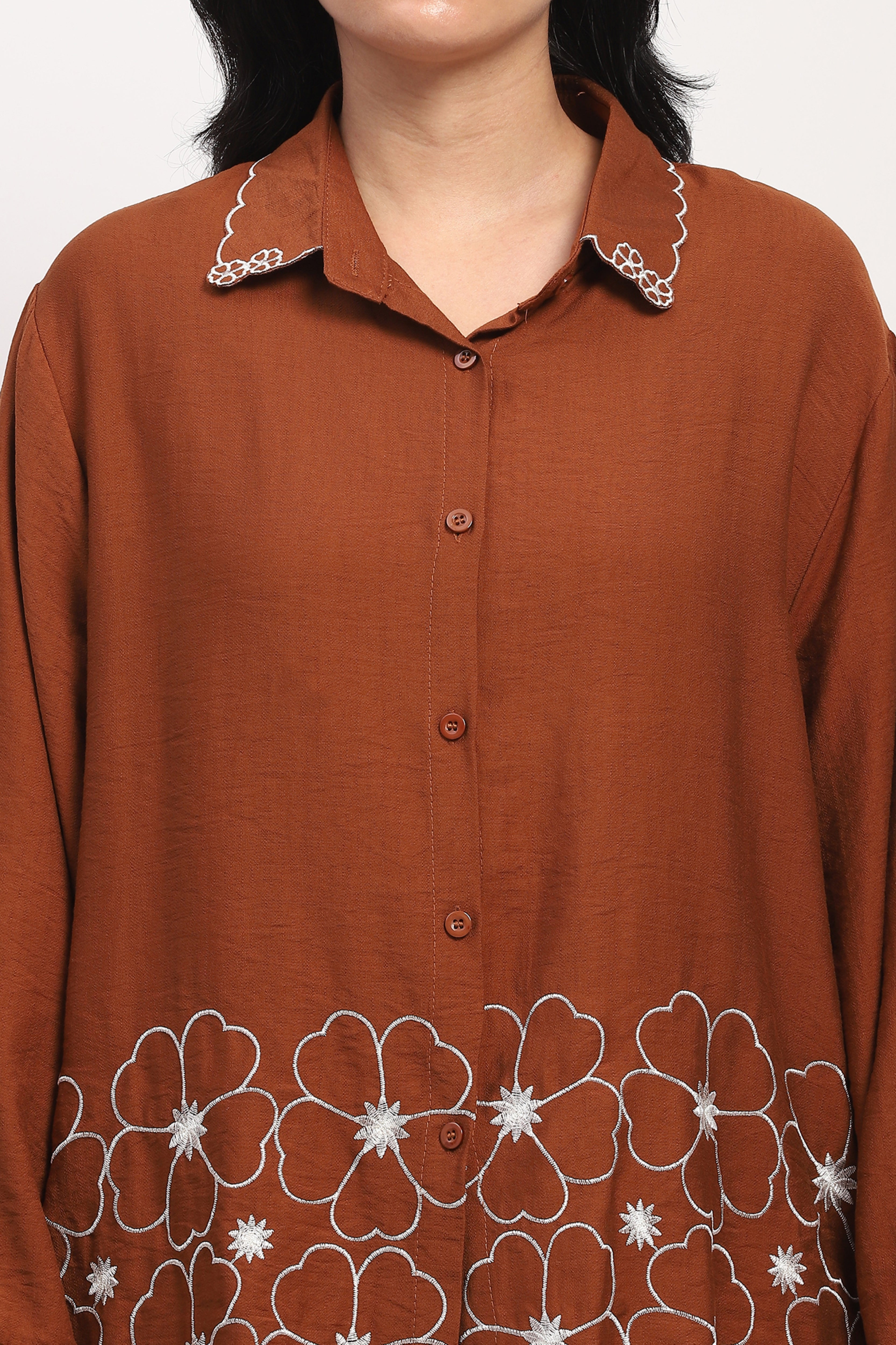 Brown Floral Embroidered Loungewear Set