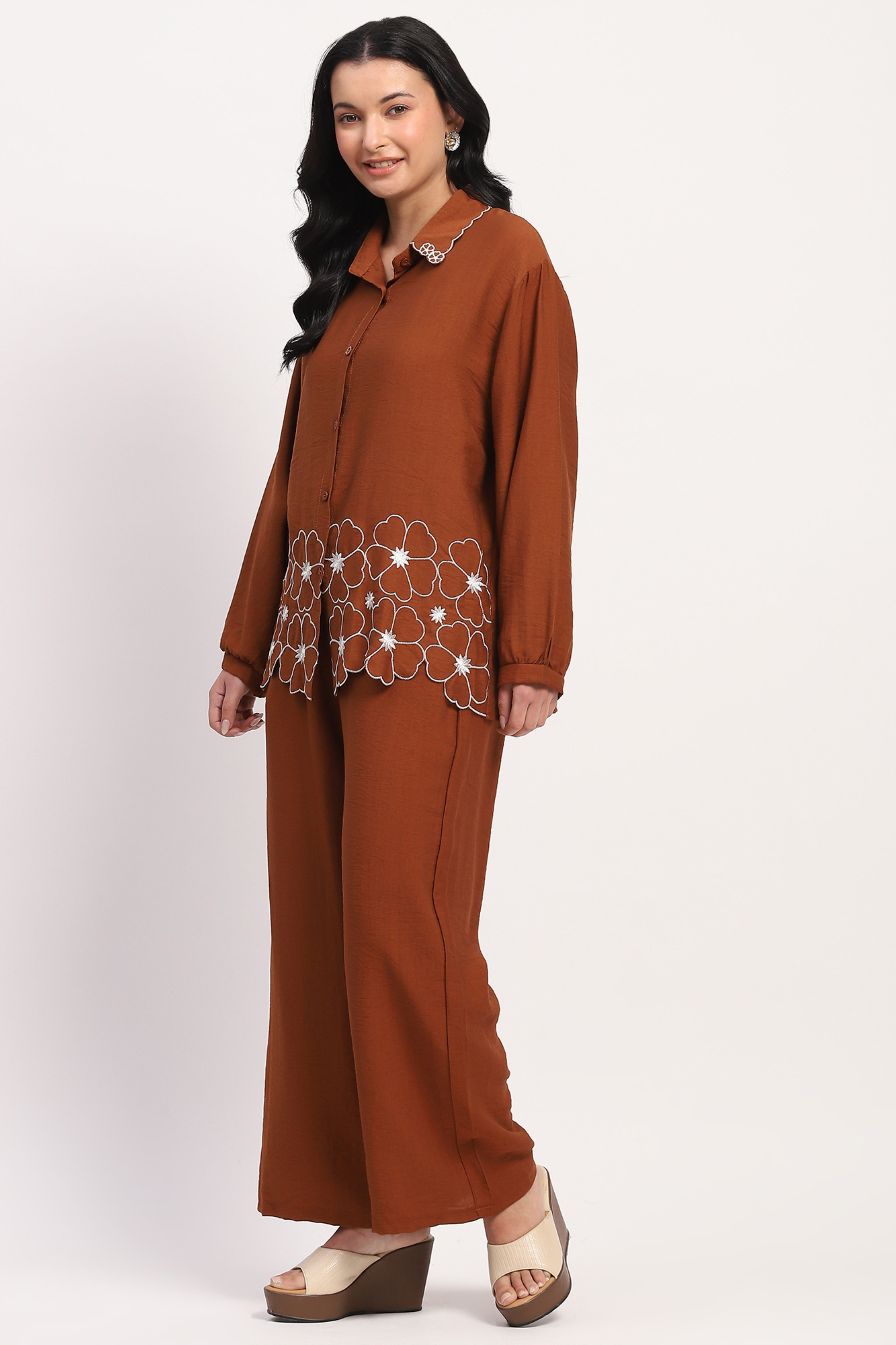 Brown Floral Embroidered Loungewear Set