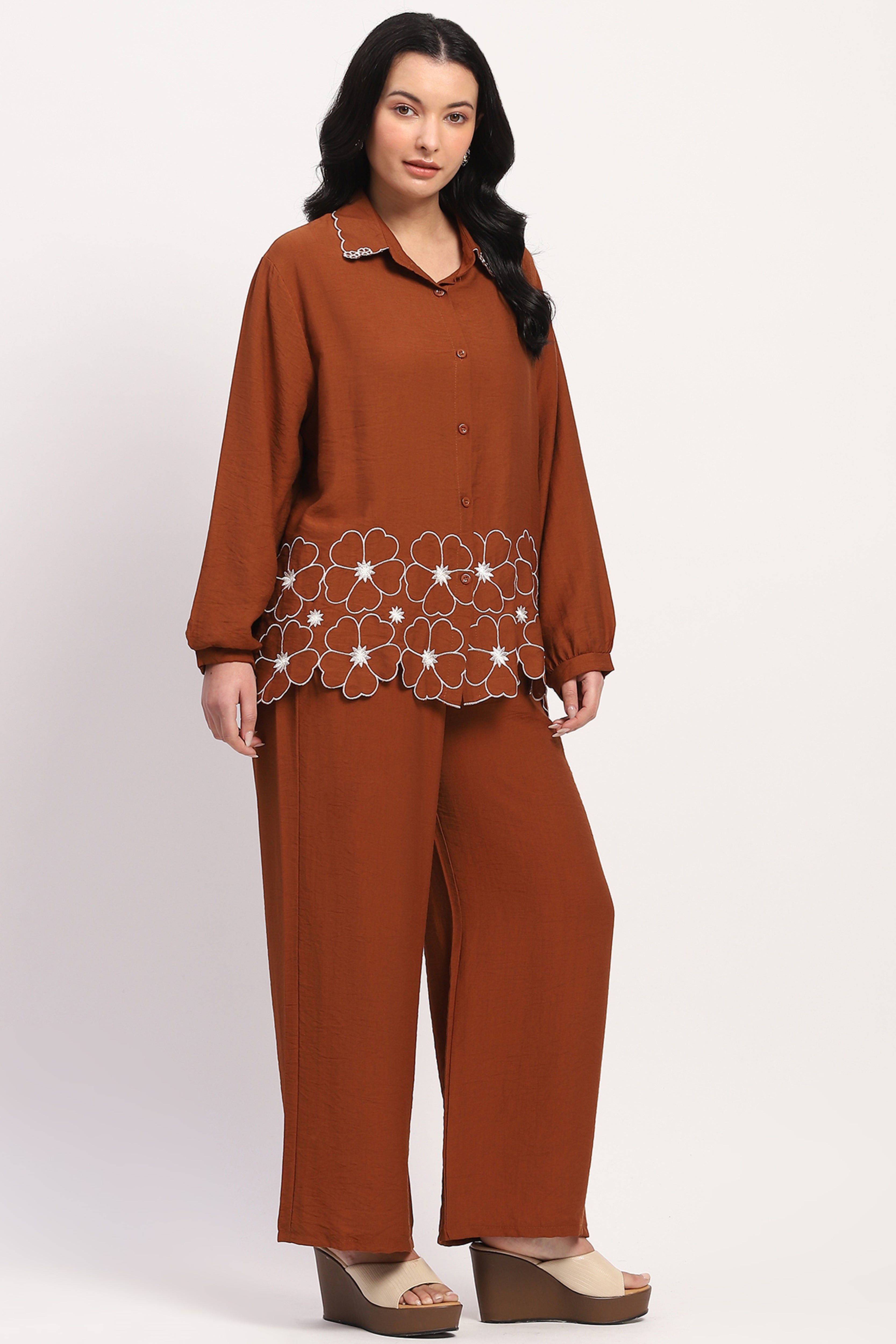 Brown Floral Embroidered Loungewear Set