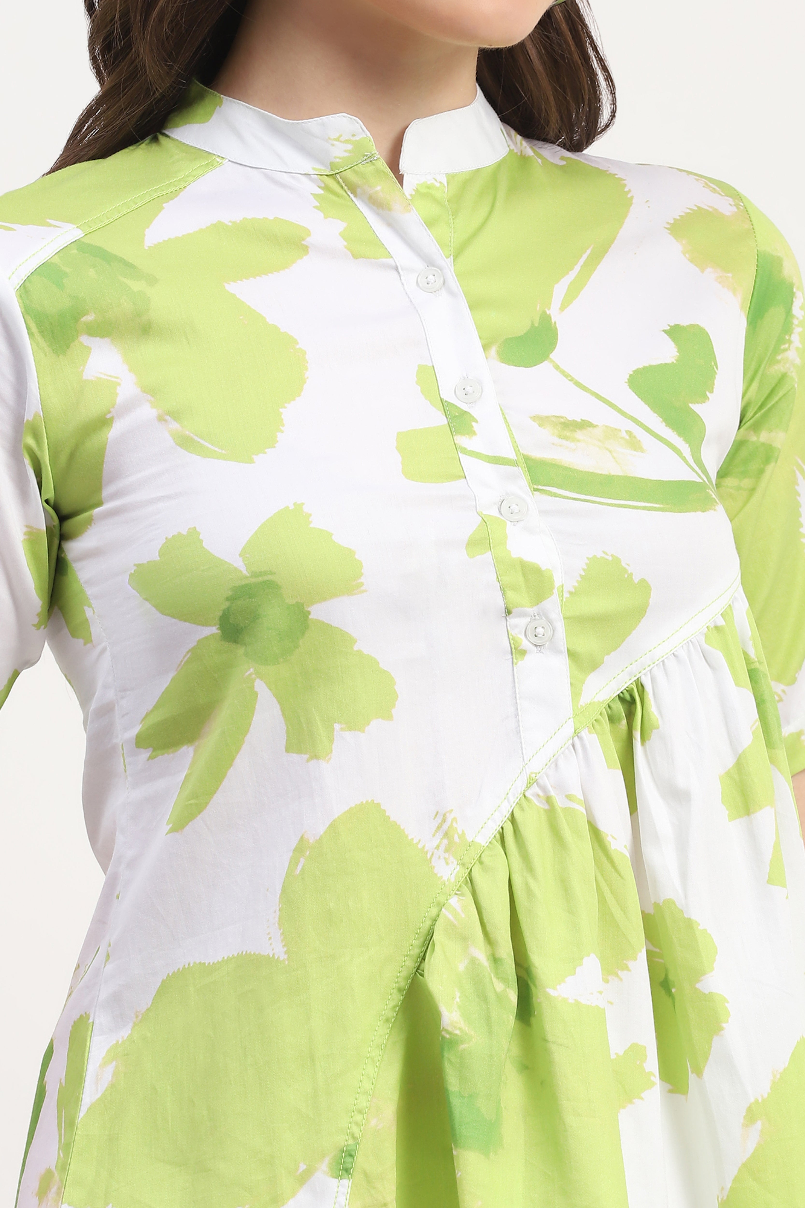 Green Cotton Satin Abstract Print Top
