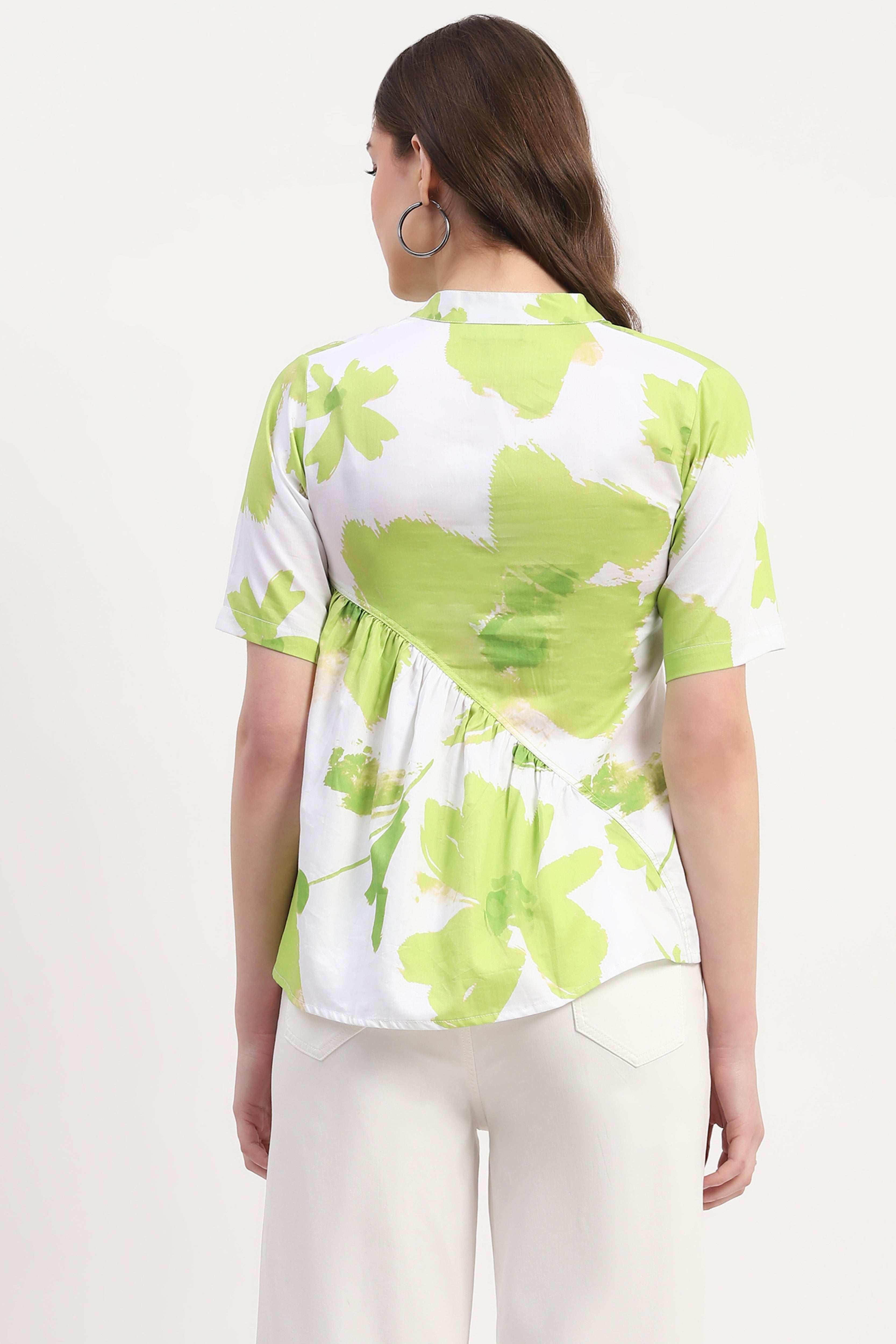 Green Cotton Satin Abstract Print Top