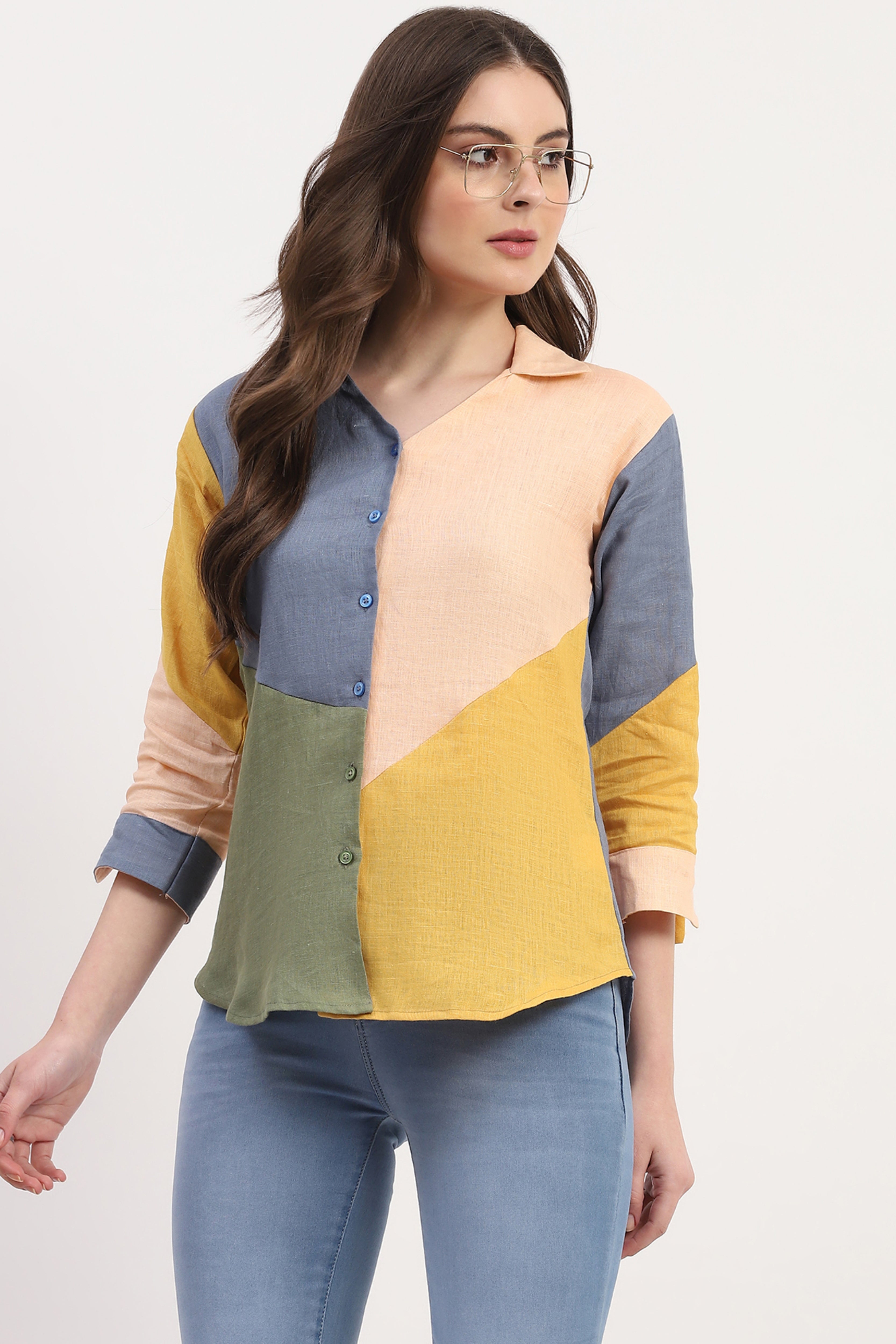 Multicolor Linen Color Block Shirt