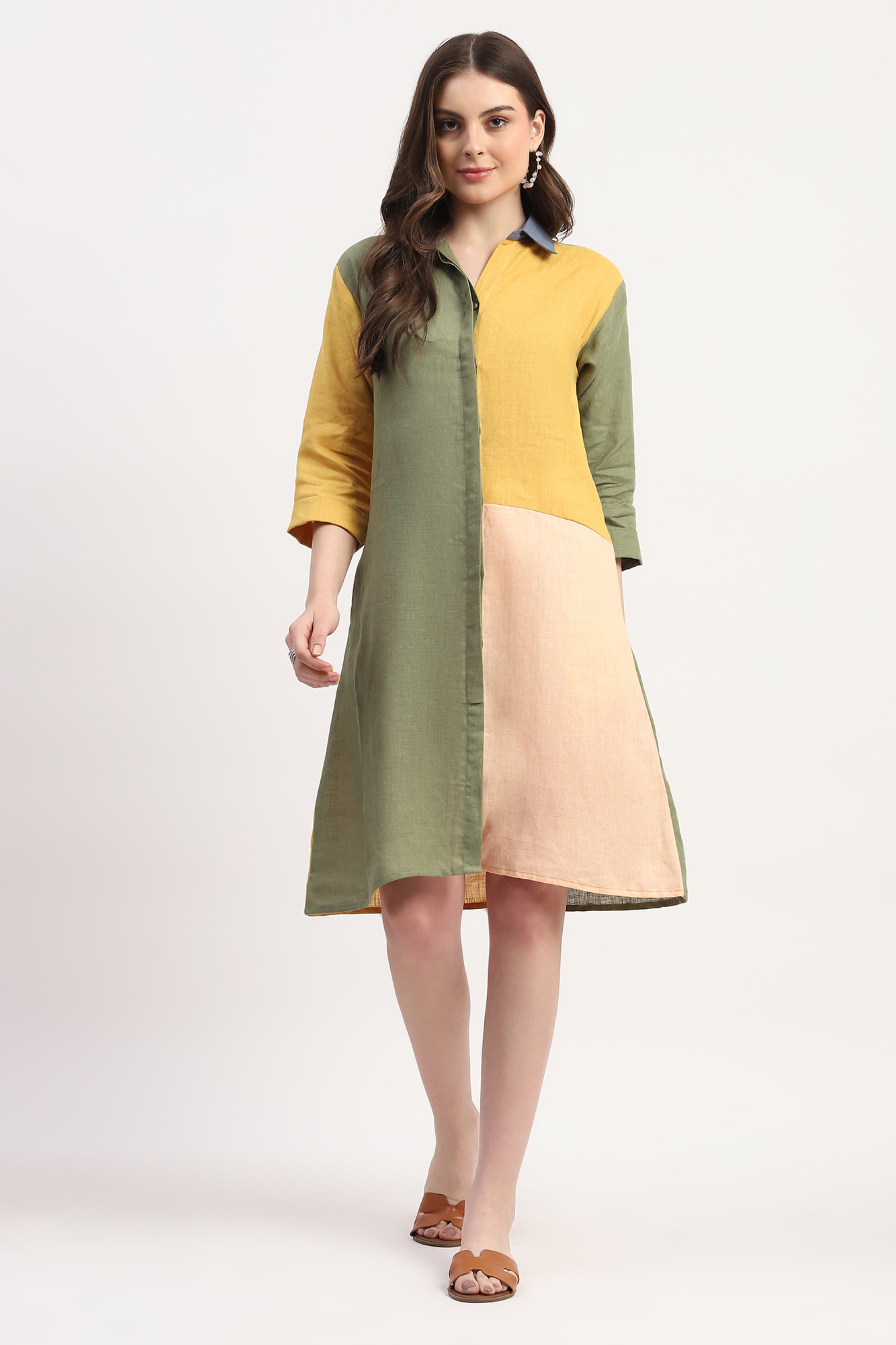 Multicolor Linen Color Block Dress