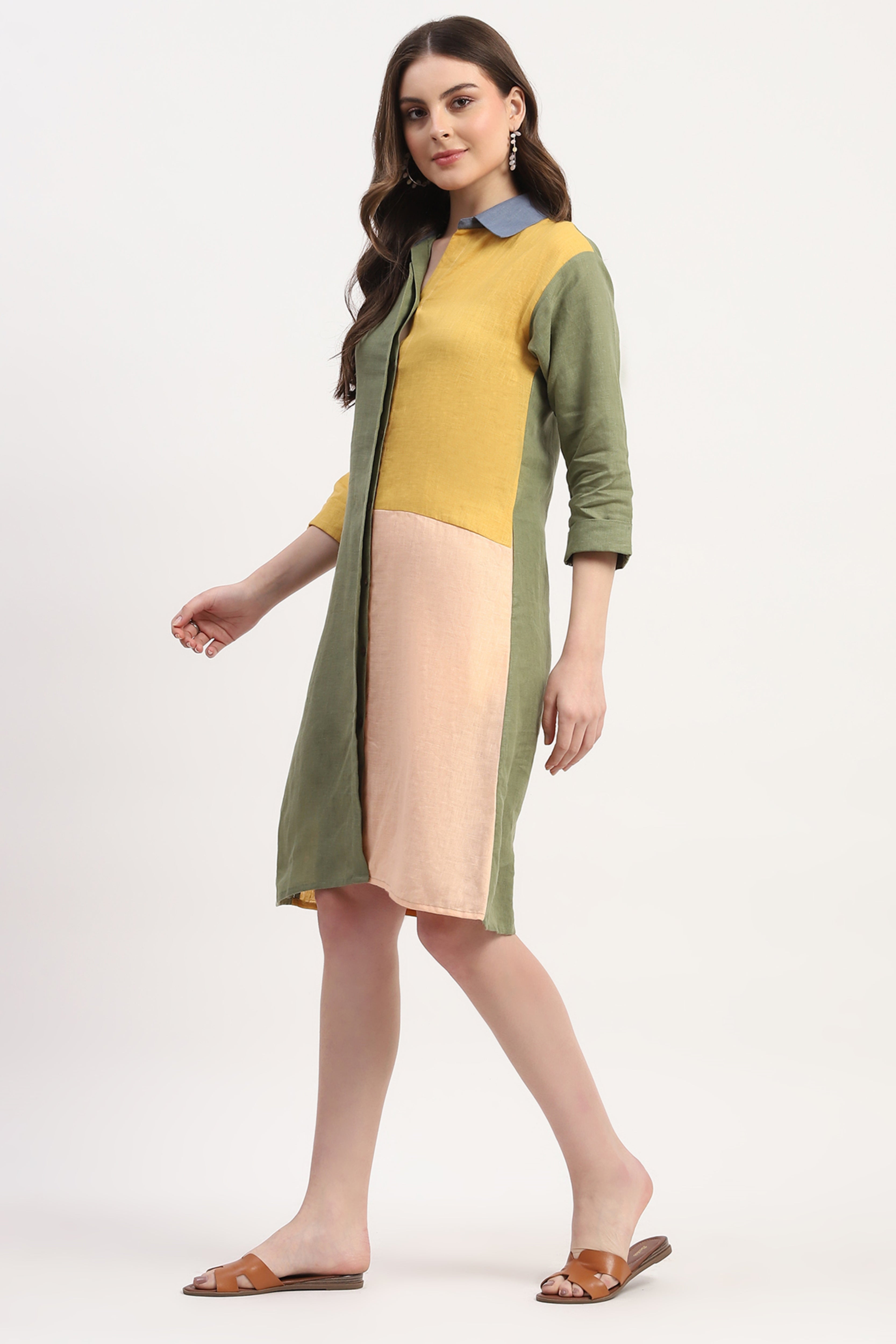 Multicolor Linen Color Block Dress