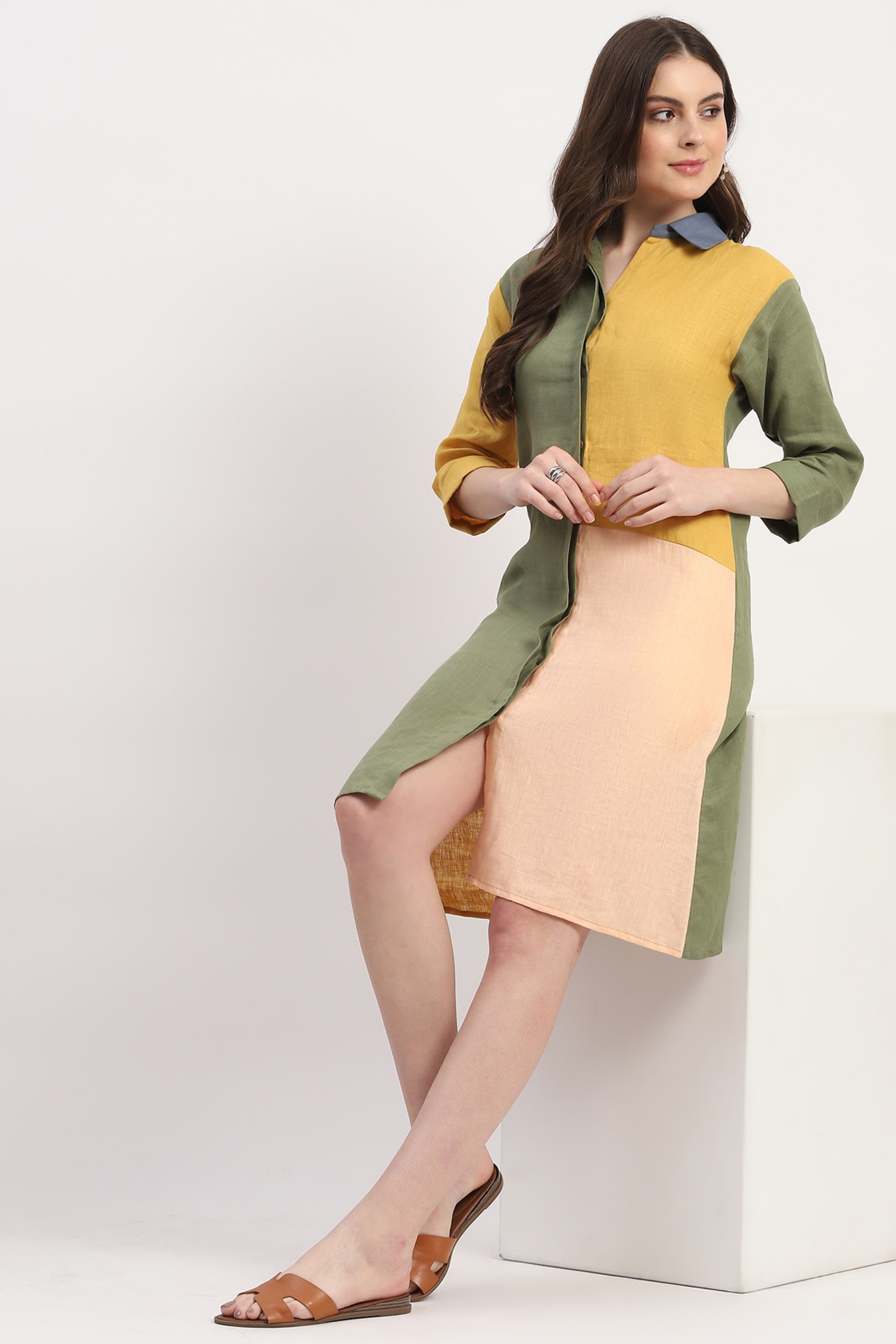 Multicolor Linen Color Block Dress