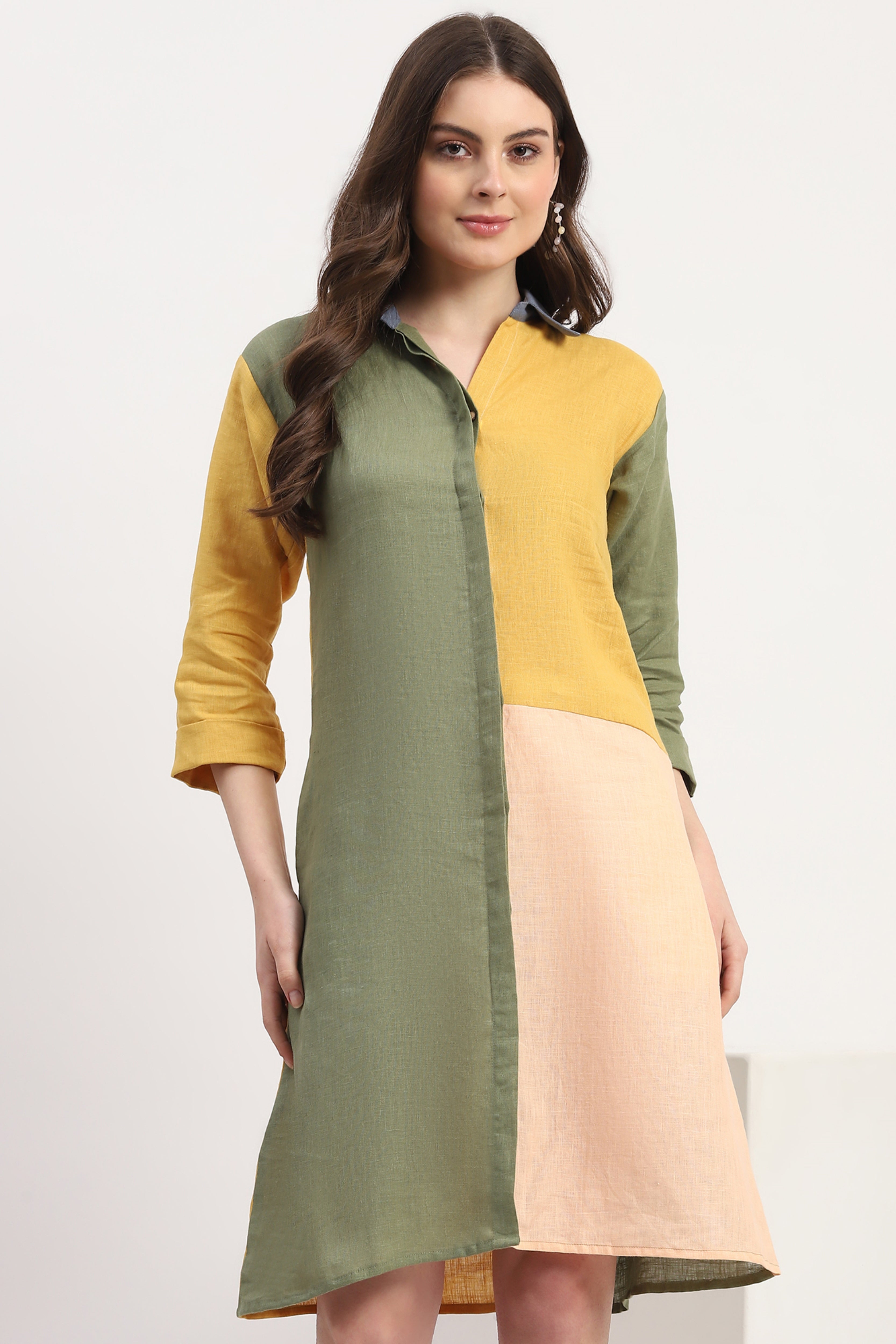 Multicolor Linen Color Block Dress