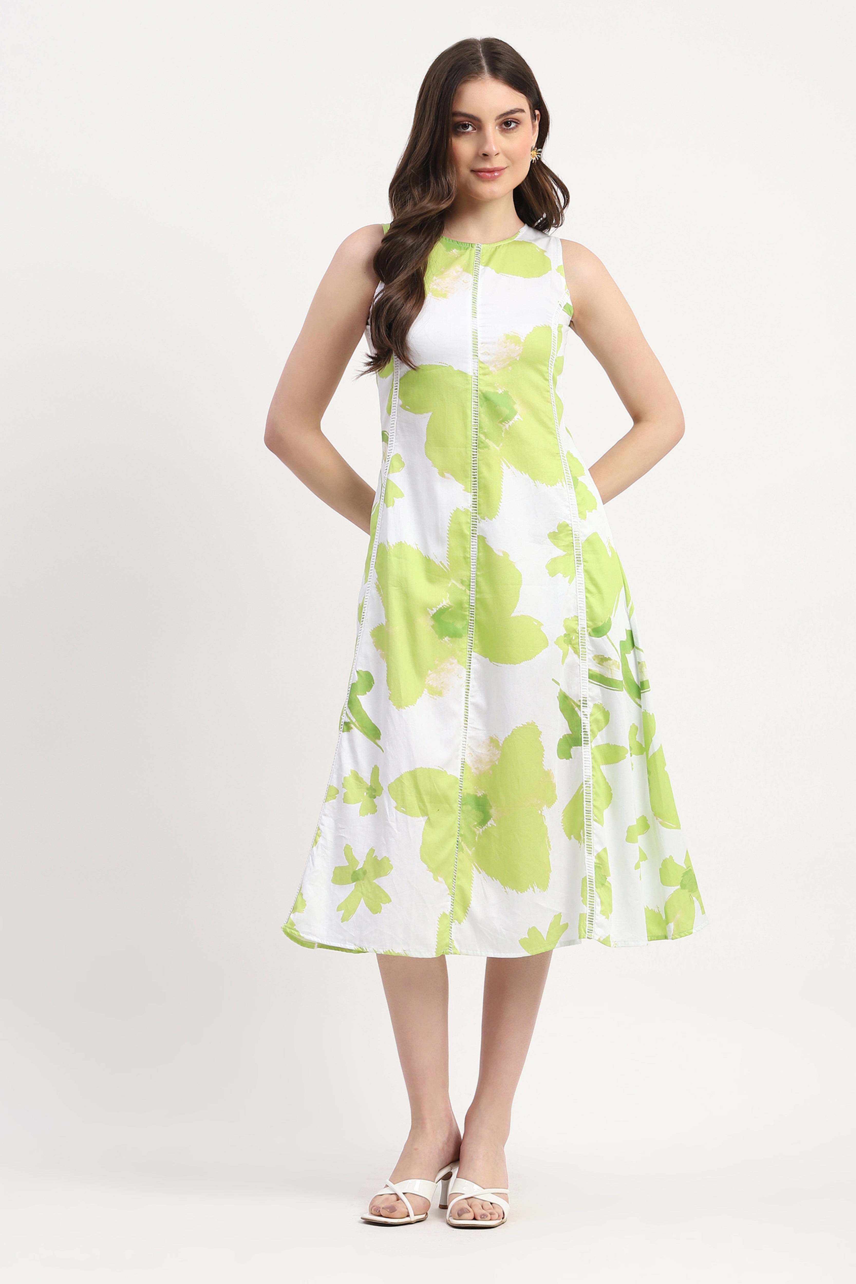 Green Cotton Satin Abstract Print Dress