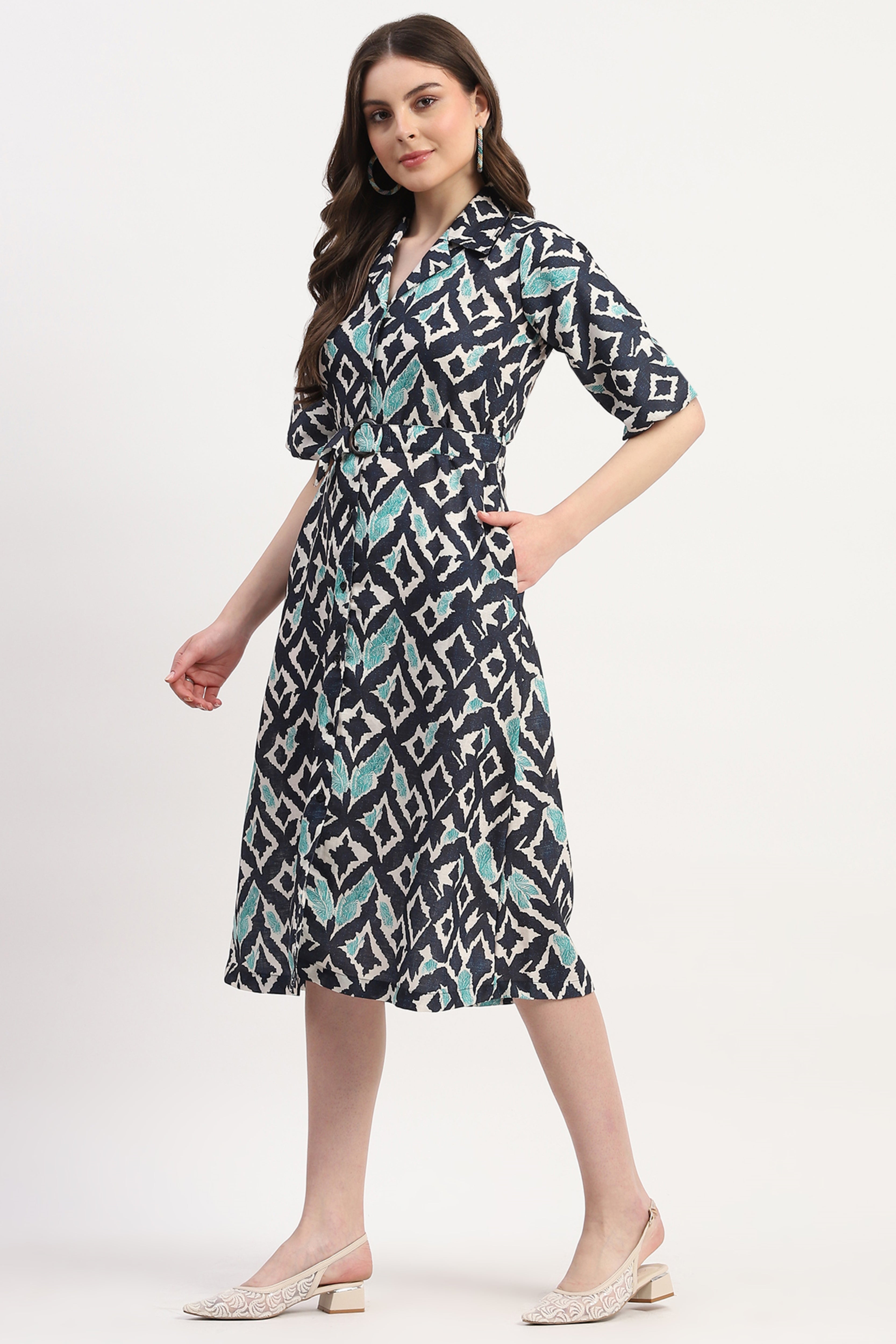 Navy Blue Poly Linen Printed Dress