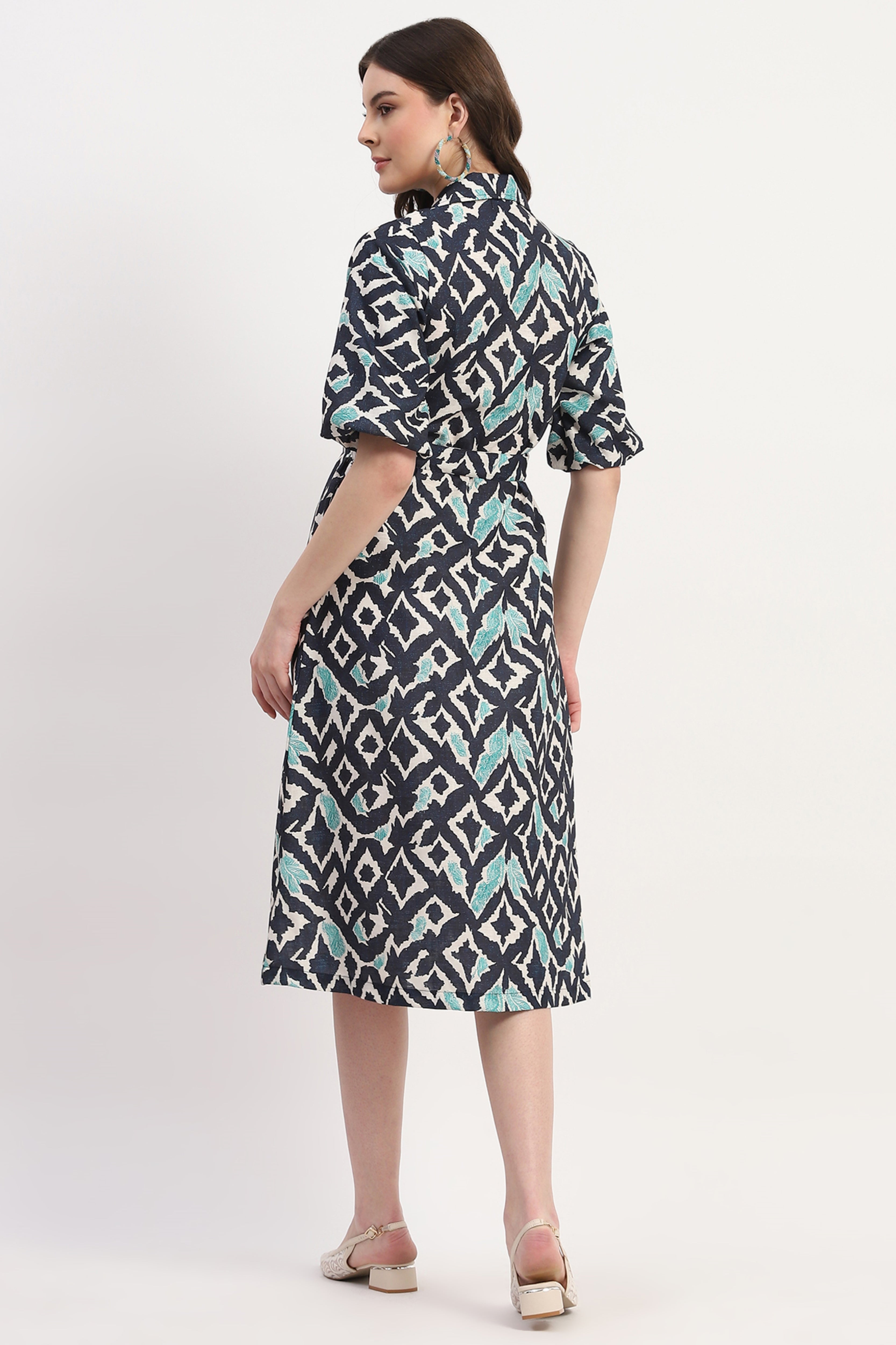 Navy Blue Poly Linen Printed Dress