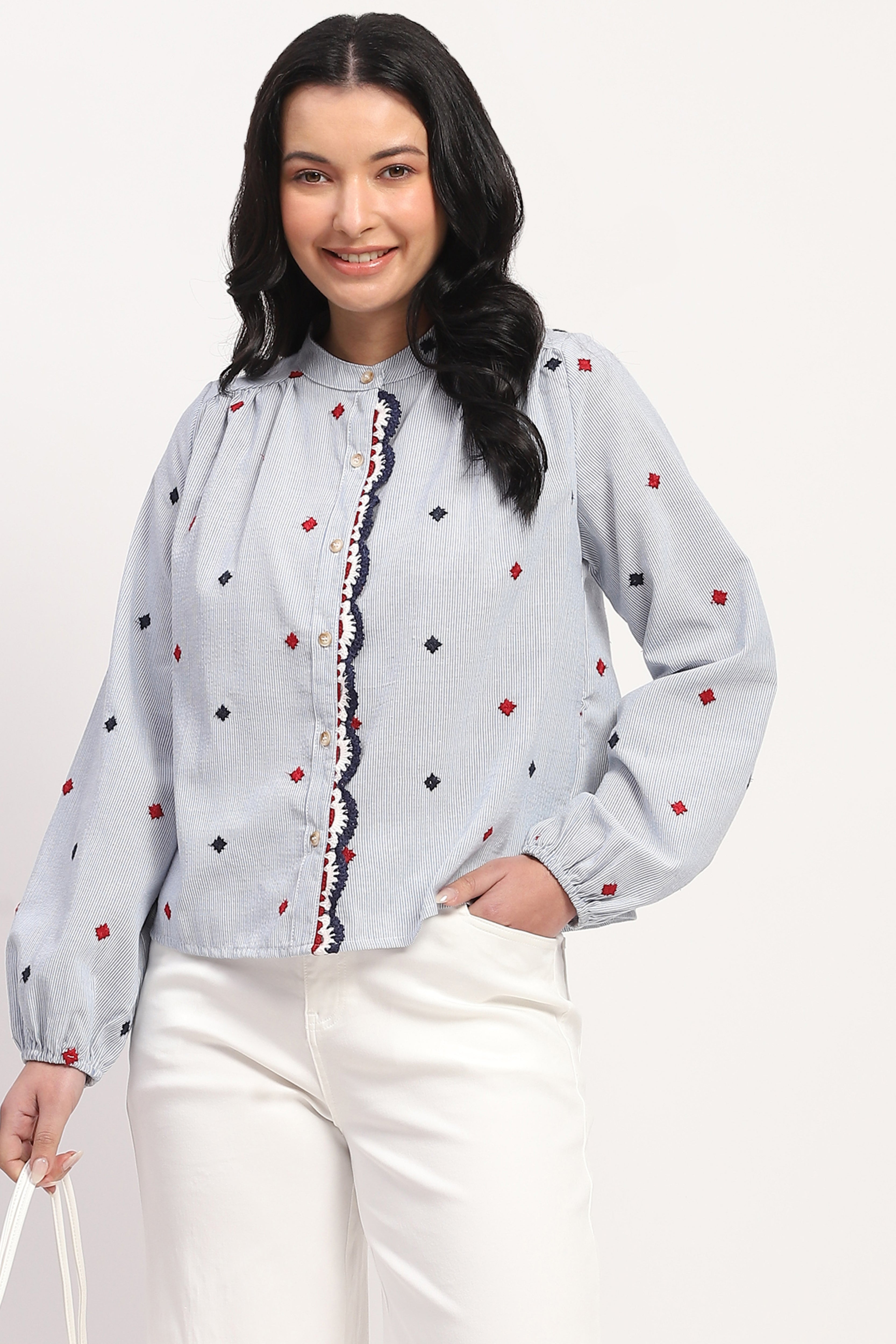 Blue Embroidered Cotton Top
