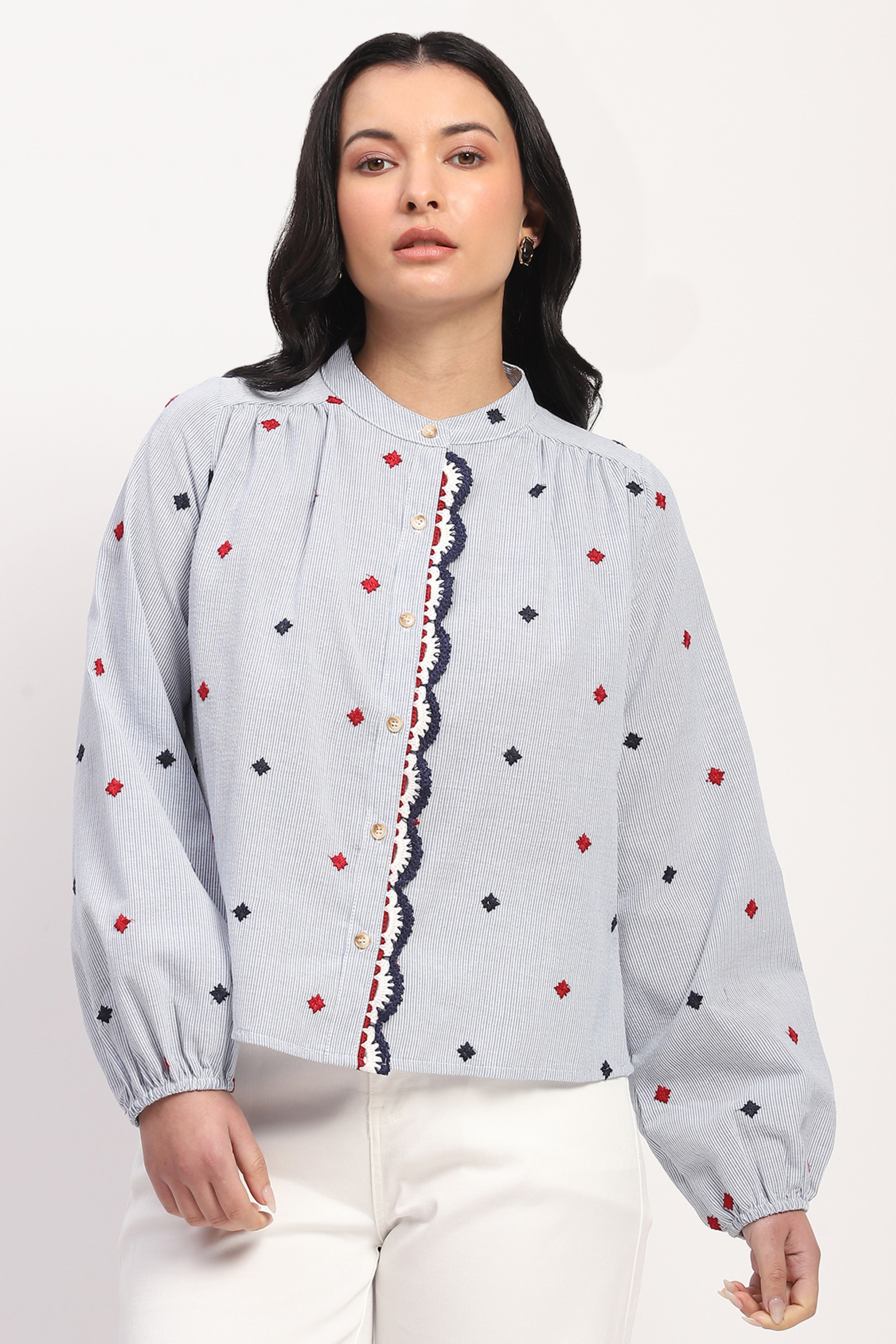 Blue Embroidered Cotton Top