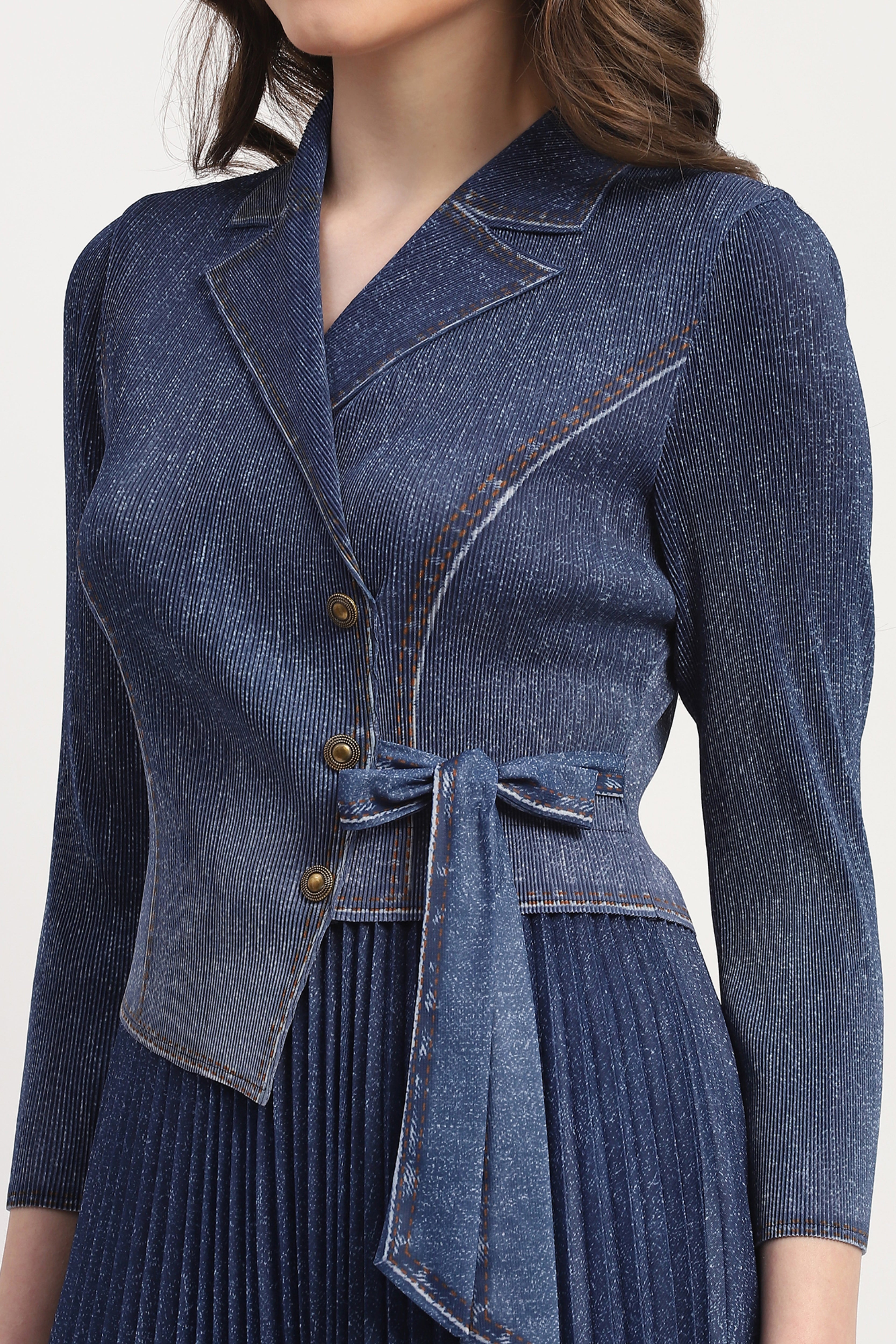 Blue Denim-Look Pleated Midi Dress