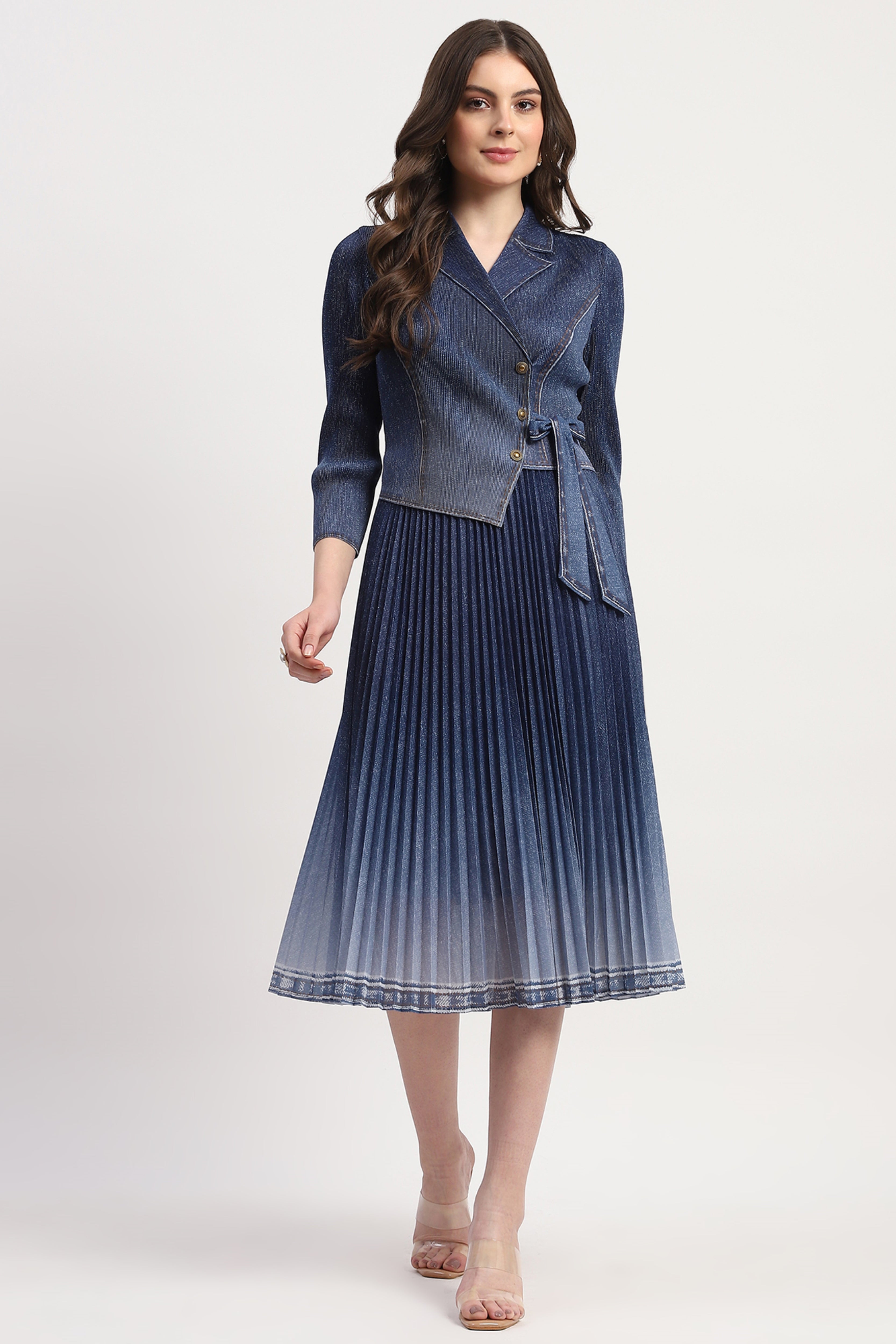Blue Denim-Look Pleated Midi Dress