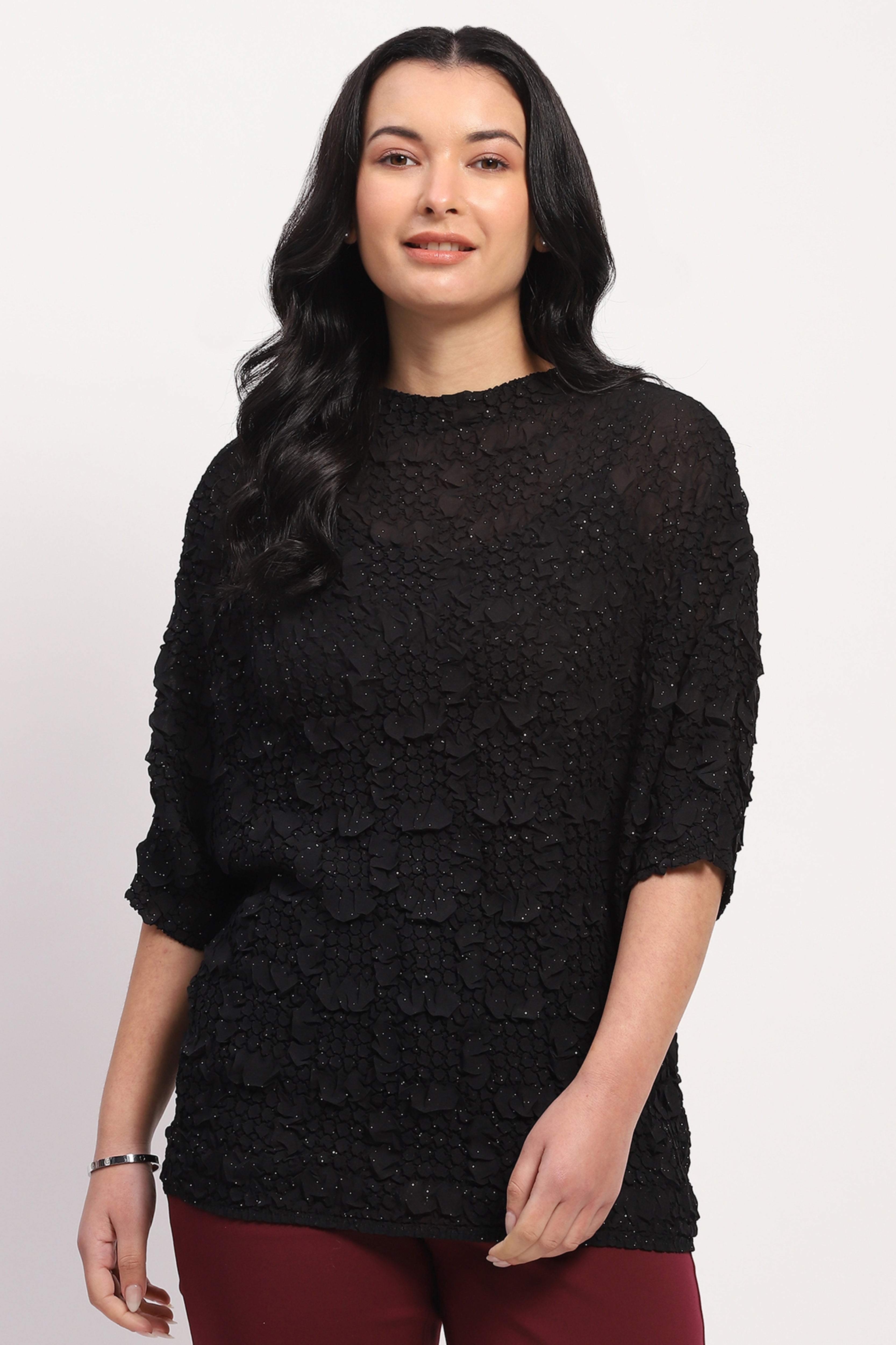 Black Crushed Floral Shimmer Top