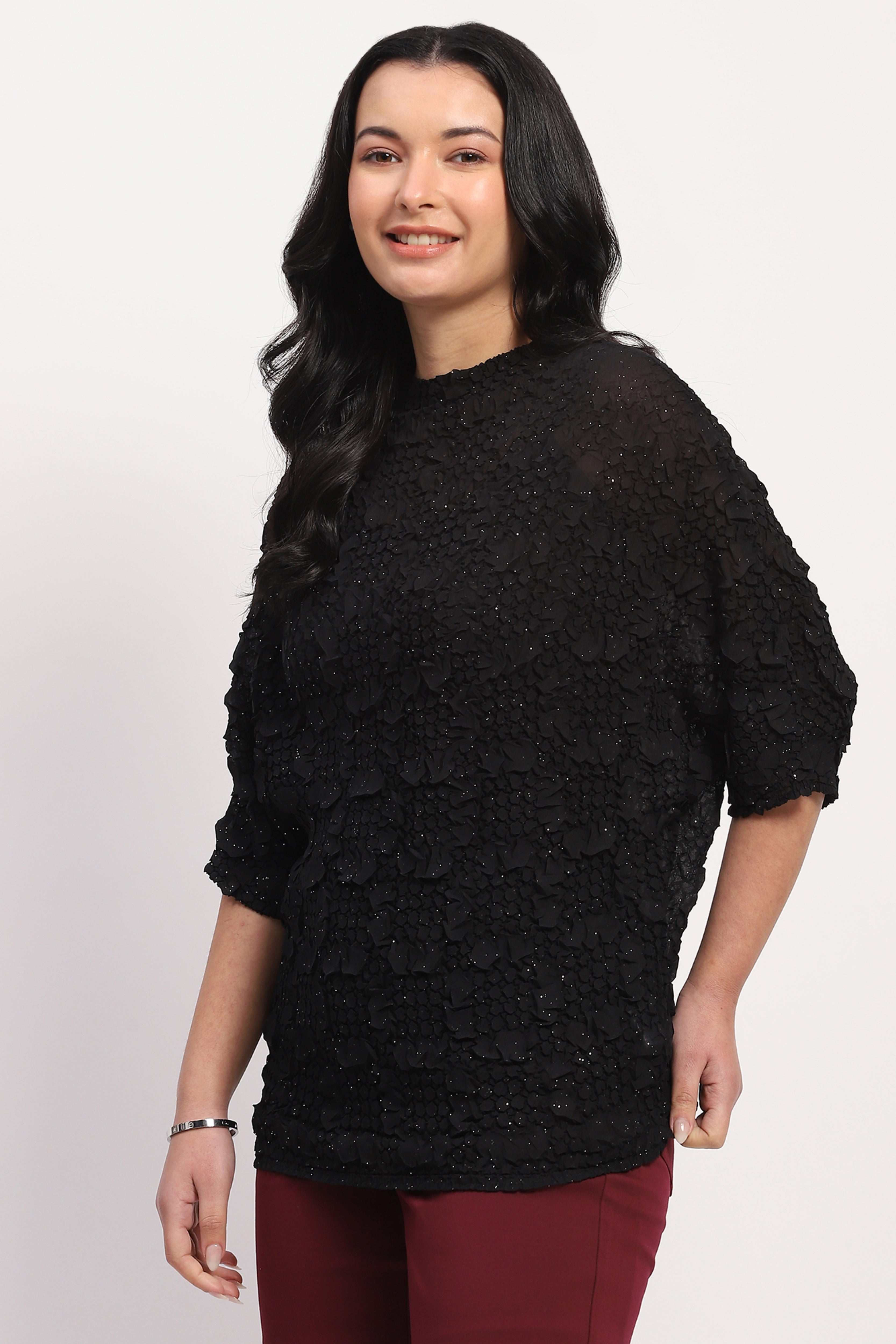 Black Crushed Floral Shimmer Top