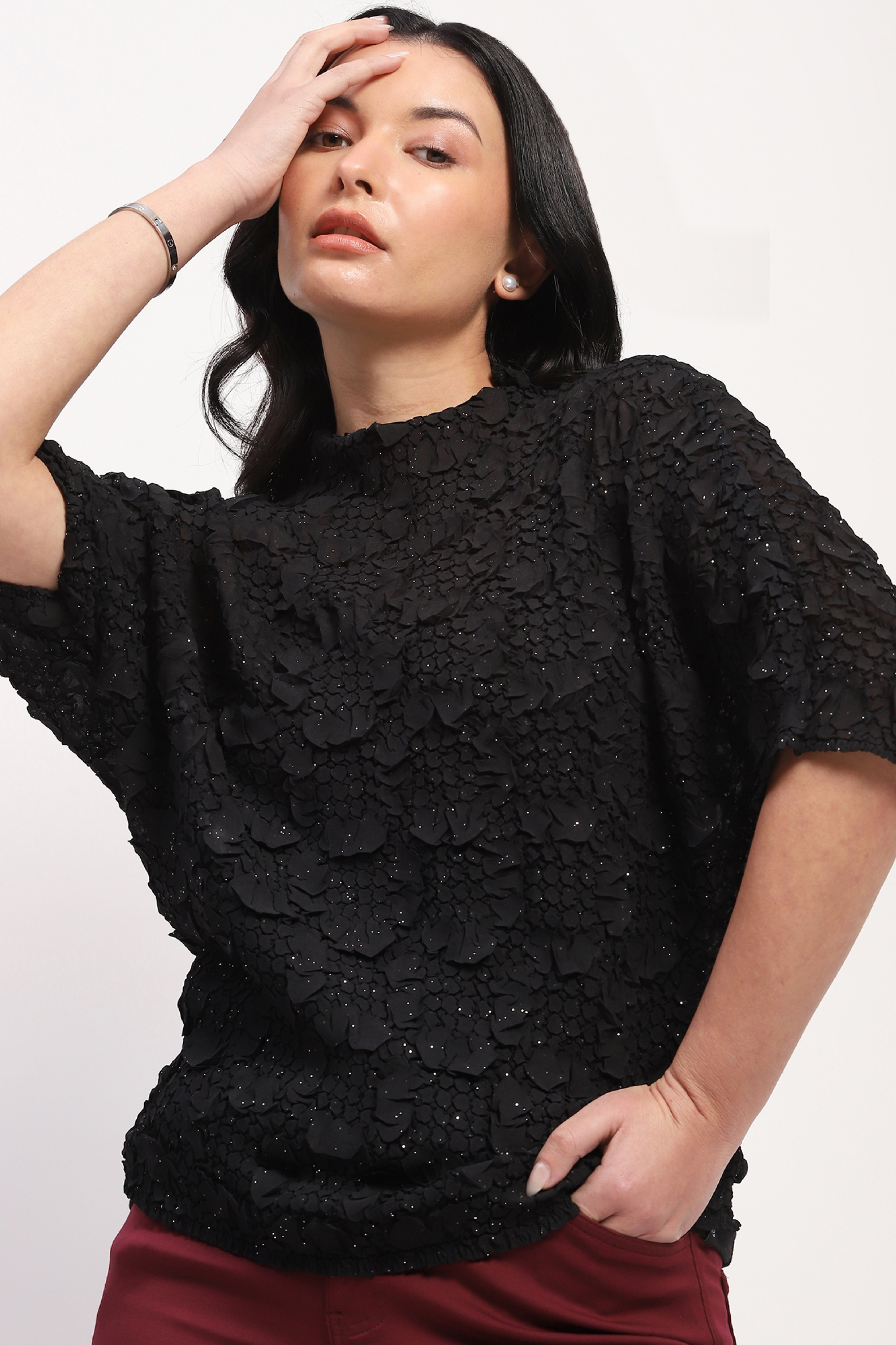 Black Crushed Floral Shimmer Top