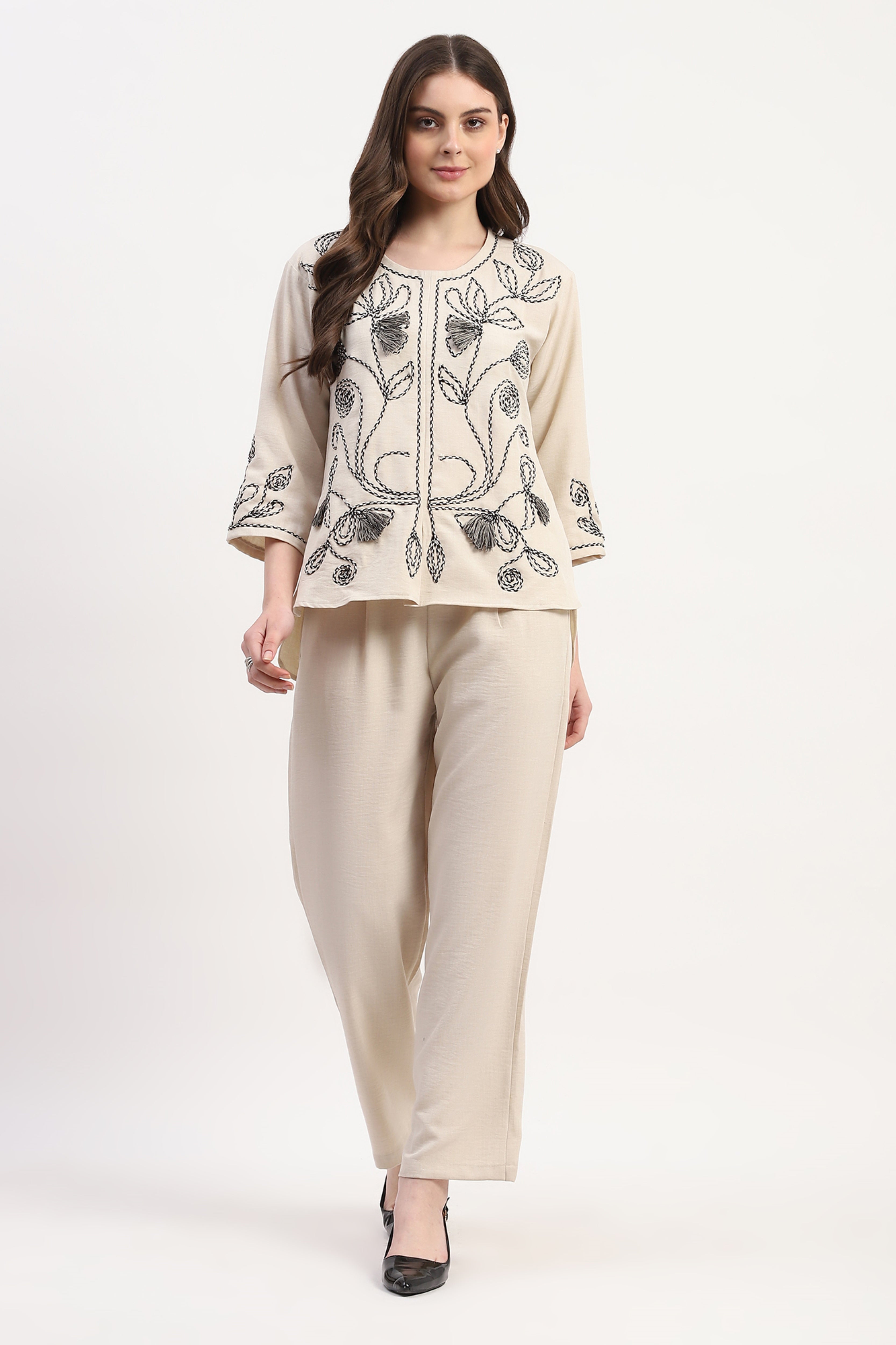 Cream Rayon Blend Embroidered Co-ord Set
