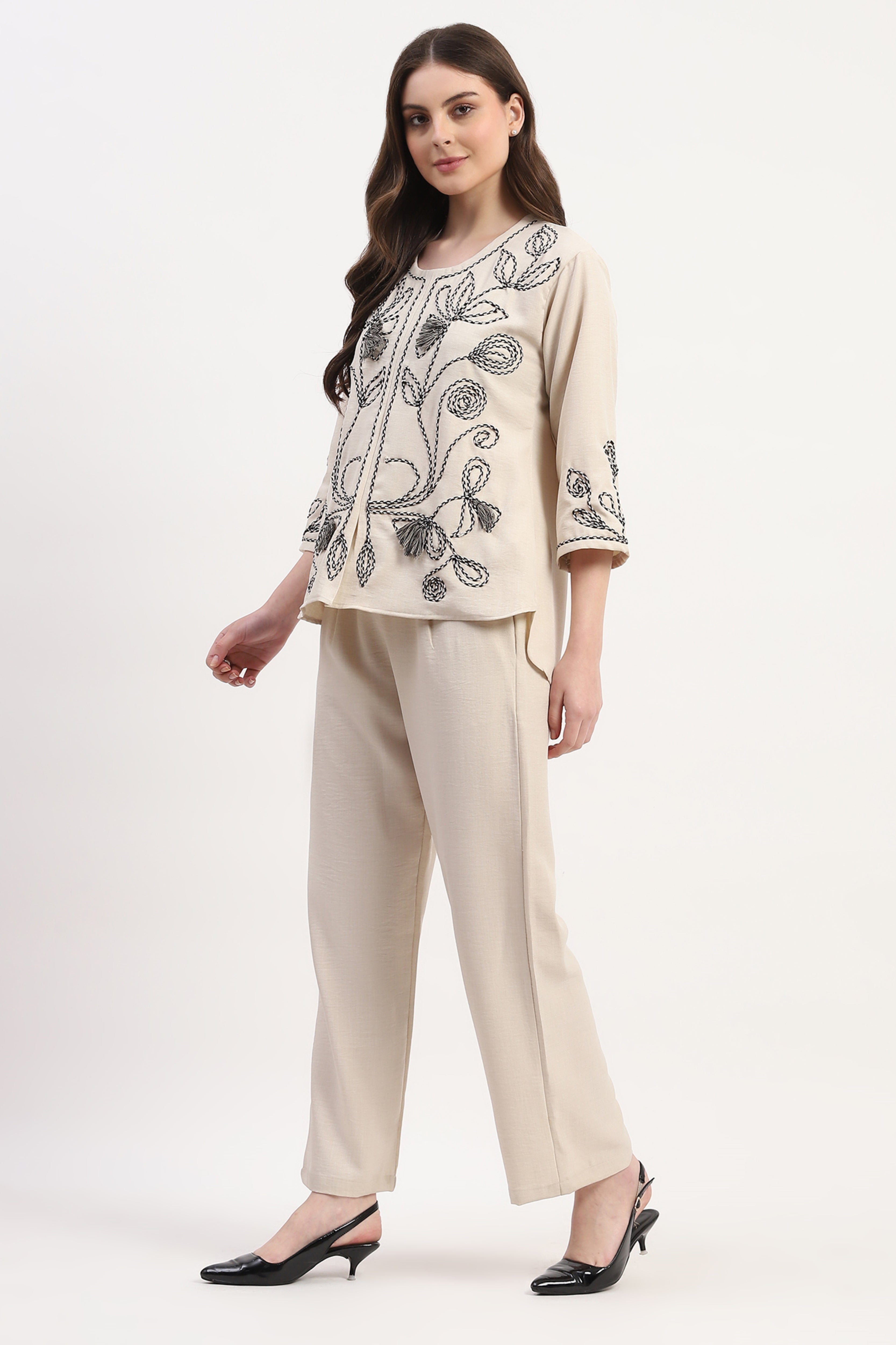 Cream Rayon Blend Embroidered Co-ord Set