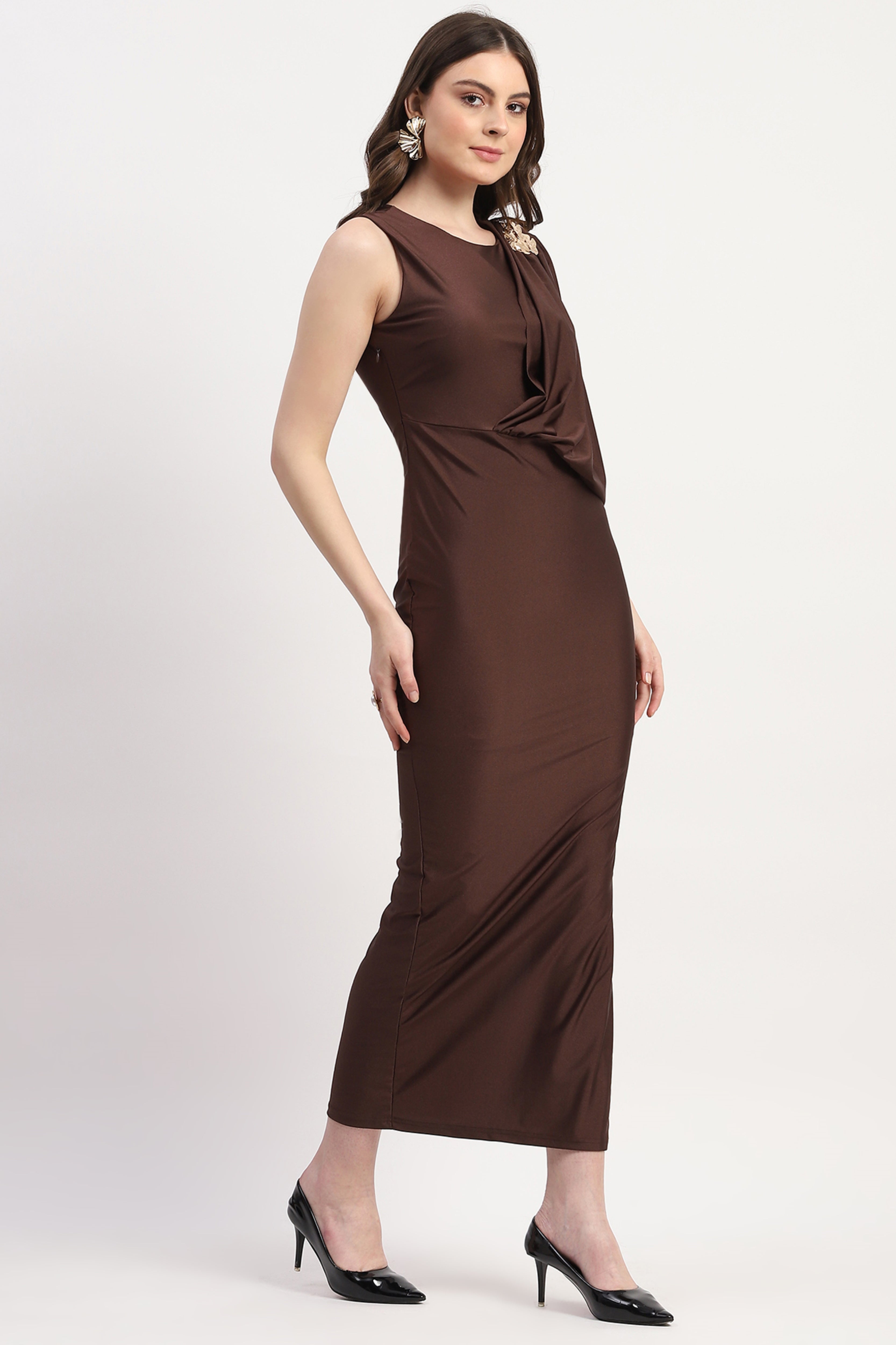 Brown Polyester Spandex Solid Maxi Dress