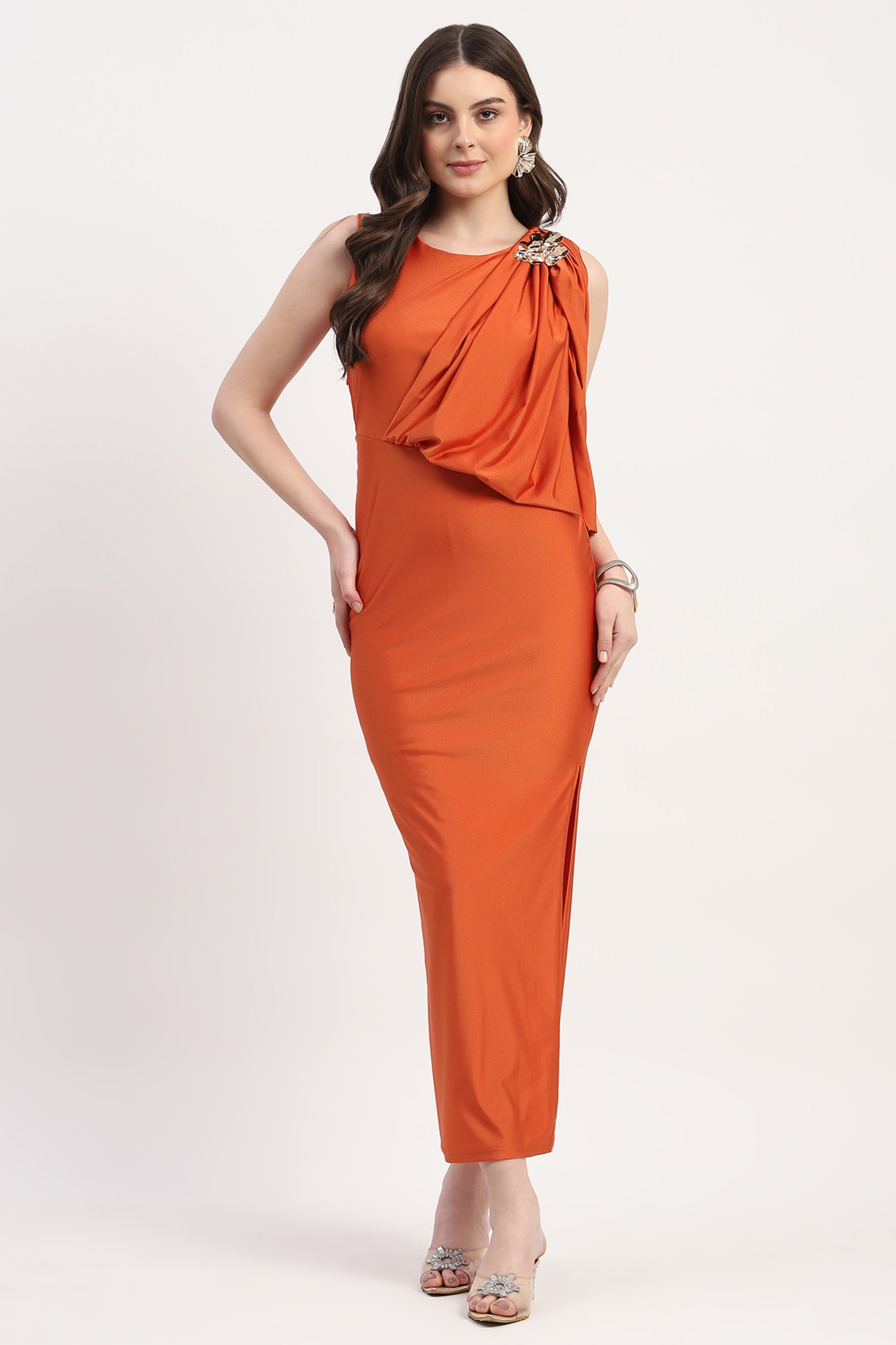 Orange Polyester Spandex Solid Maxi Dress