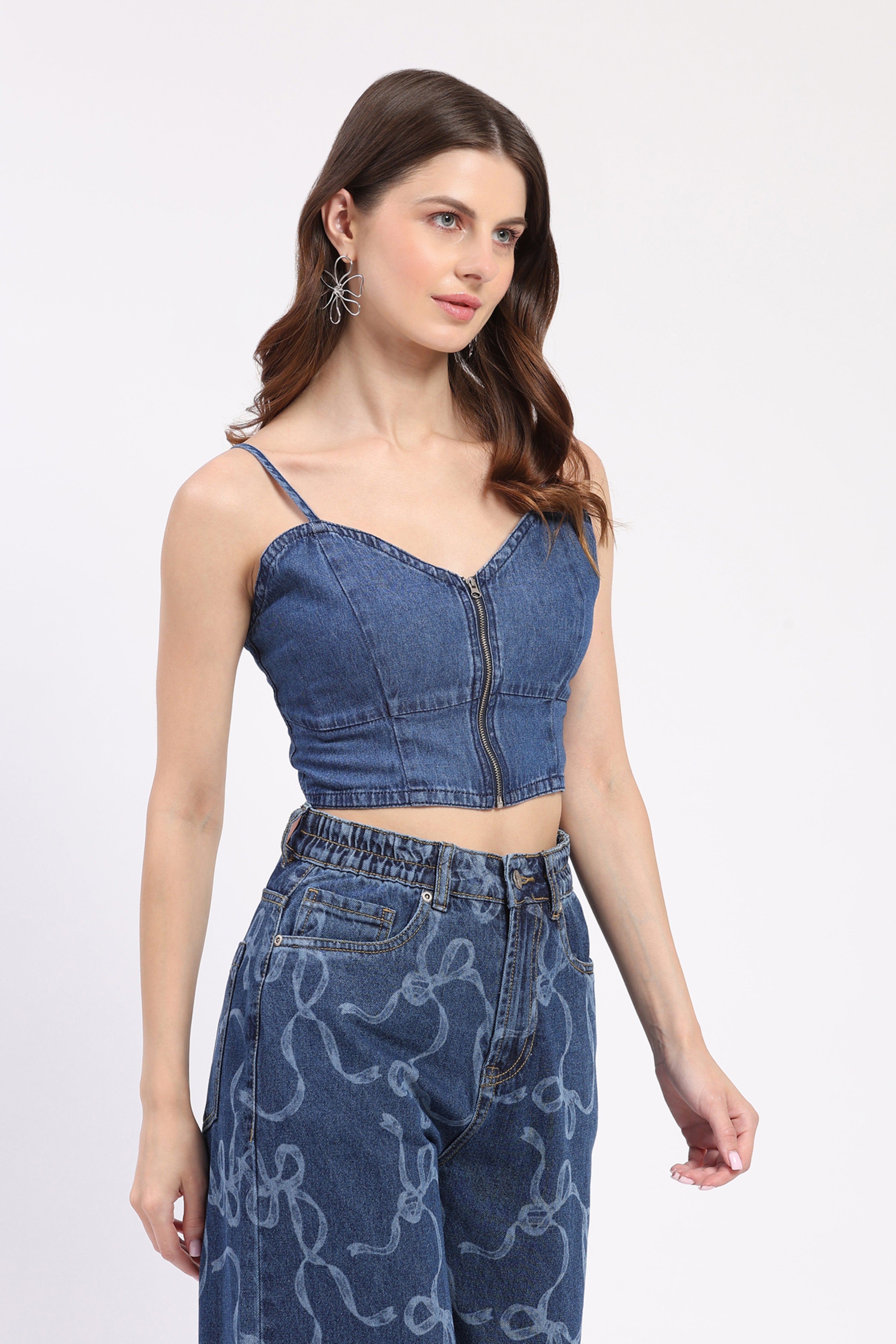 Blue Denim Smocked Back Crop Top