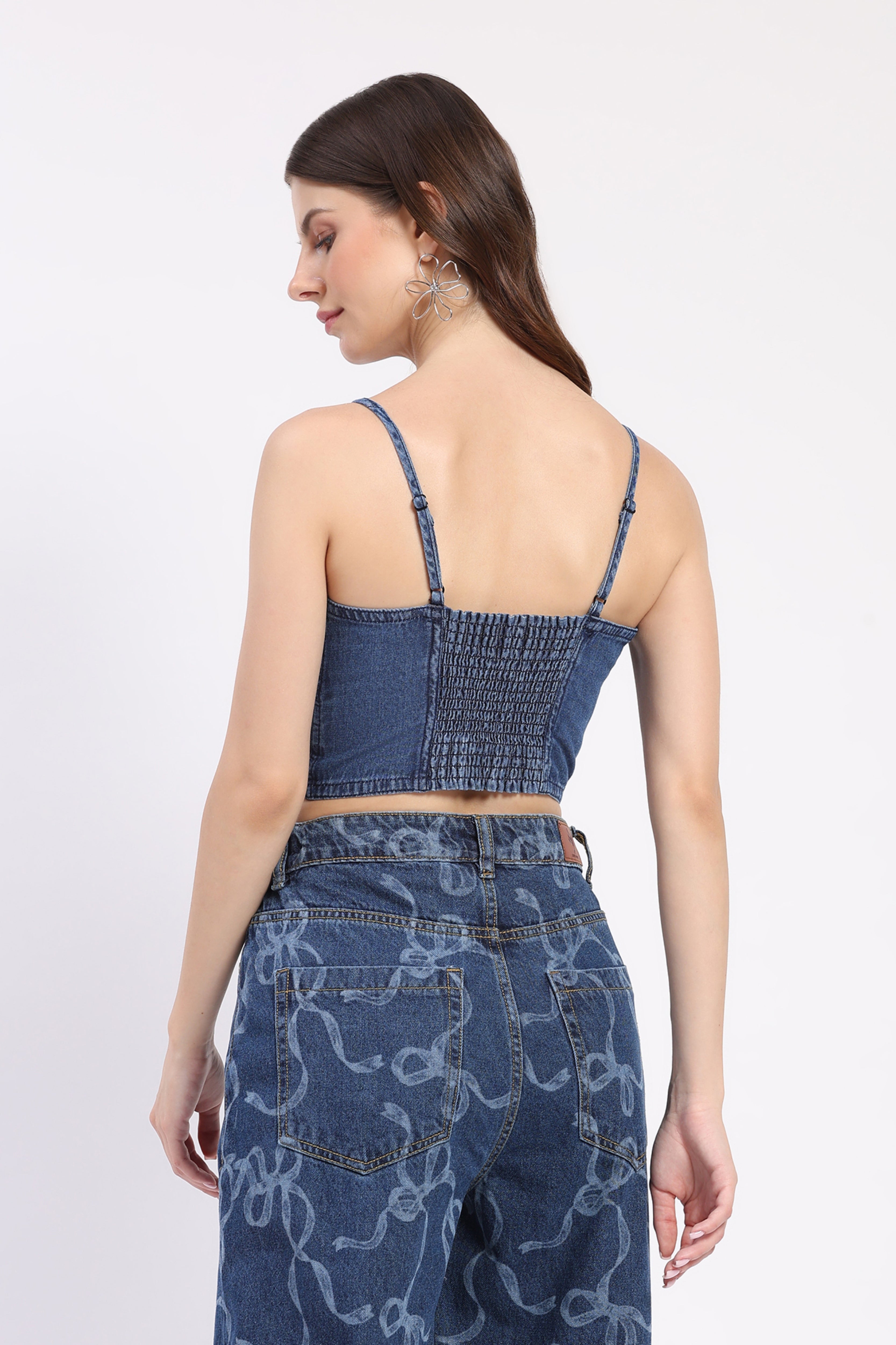 Blue Denim Smocked Back Crop Top