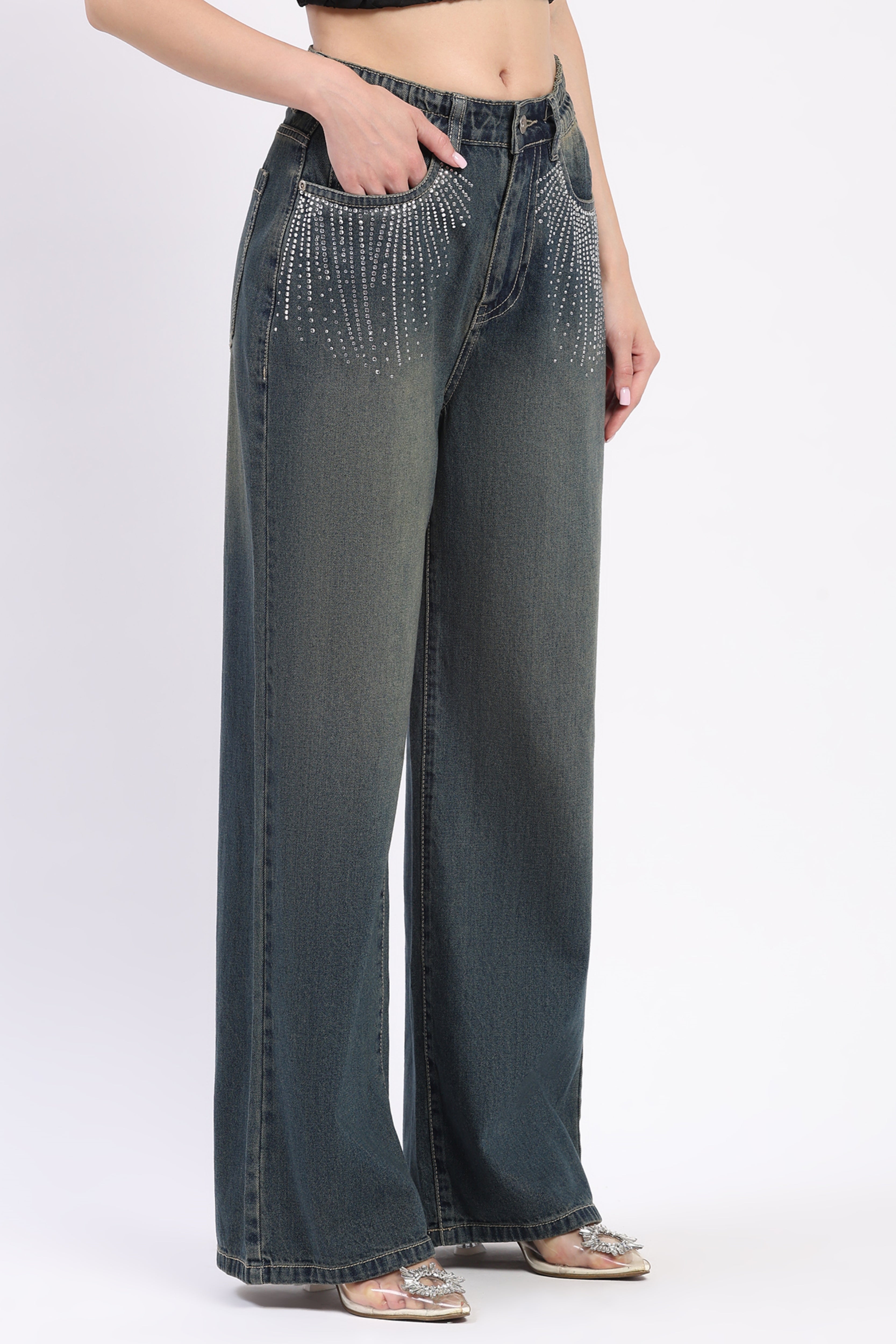 Blue Wide Leg Embellished Jeans