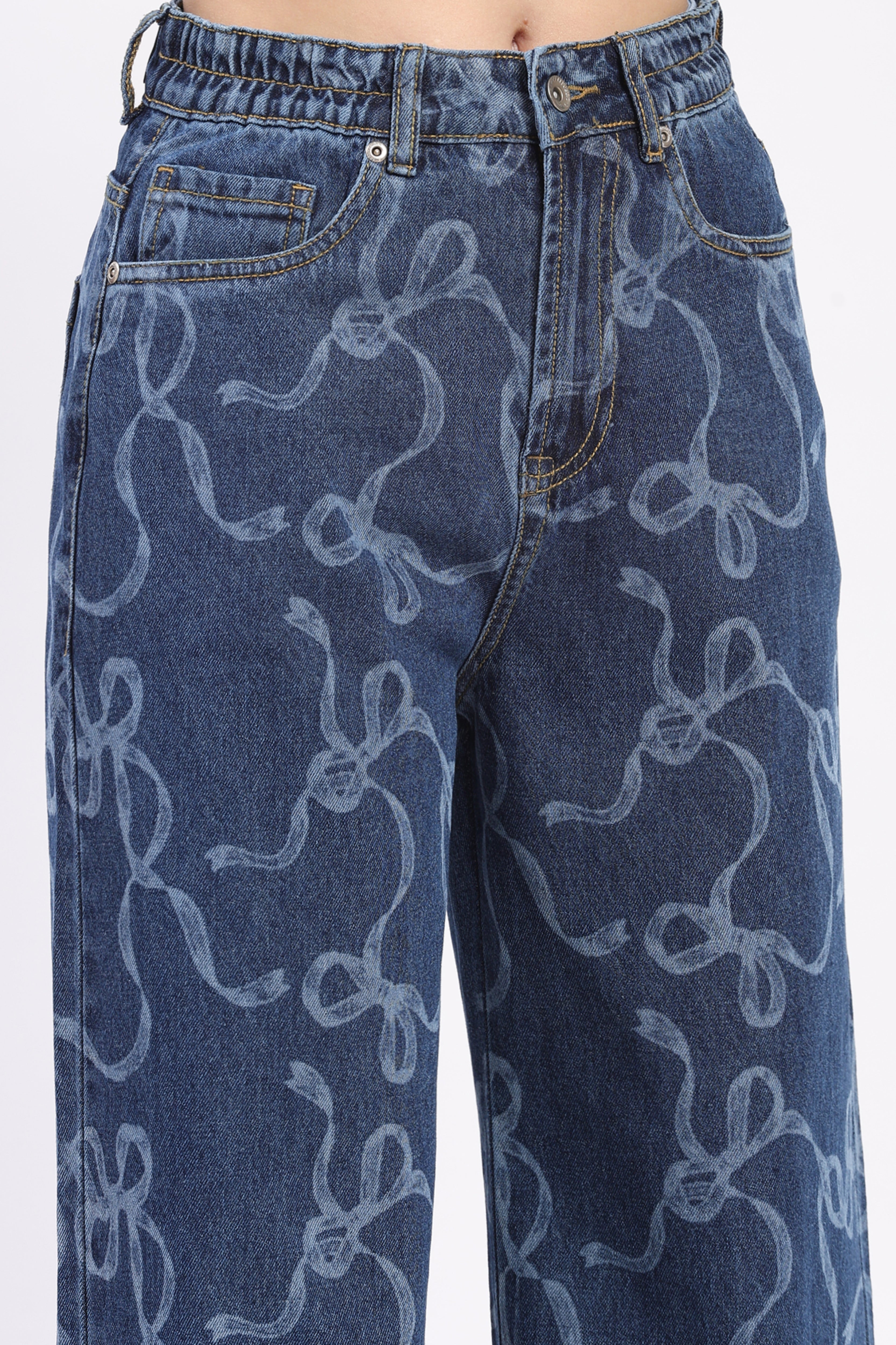 Blue Bow Print Wide Leg Jeans
