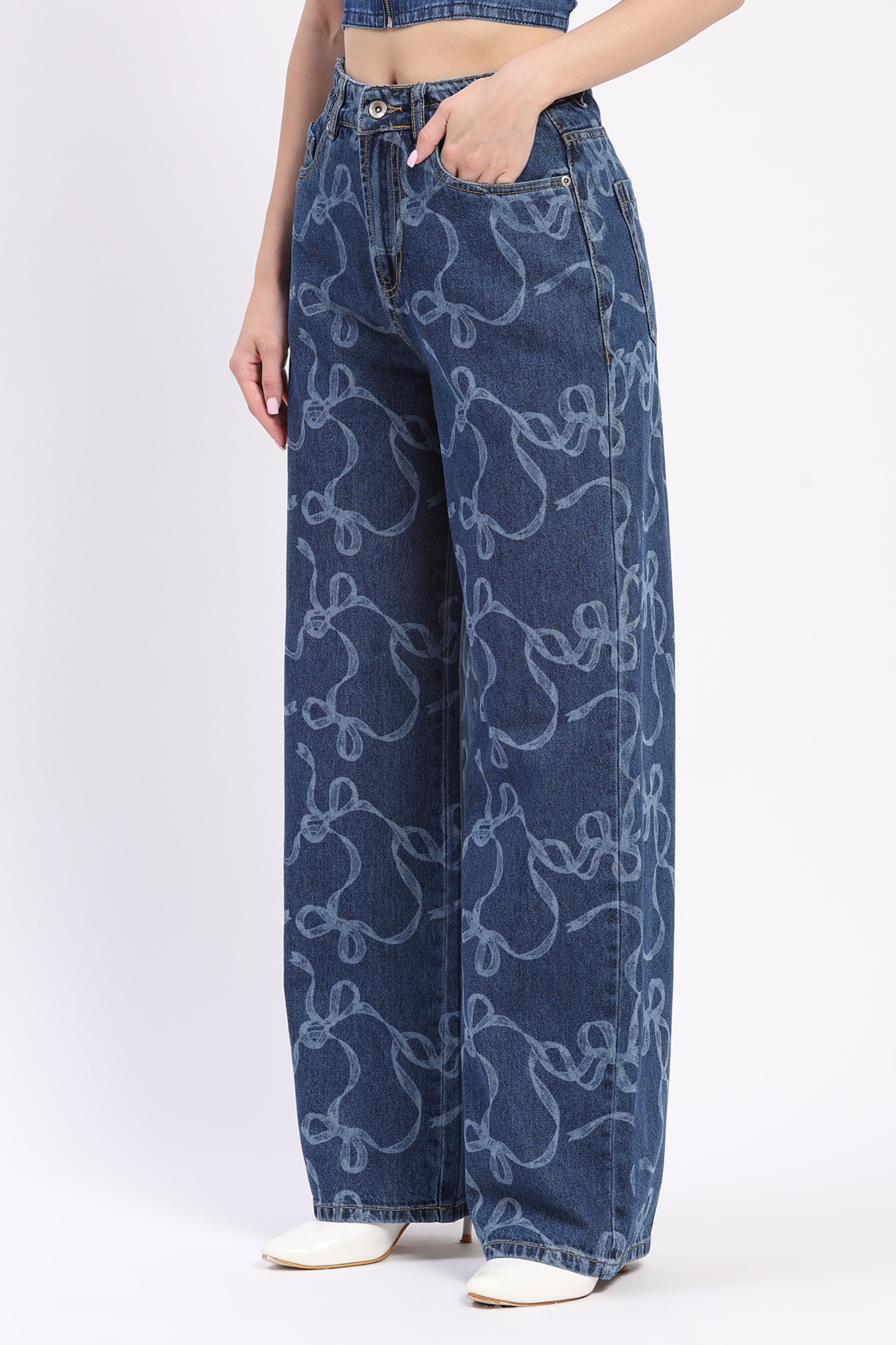 Blue Bow Print Wide Leg Jeans