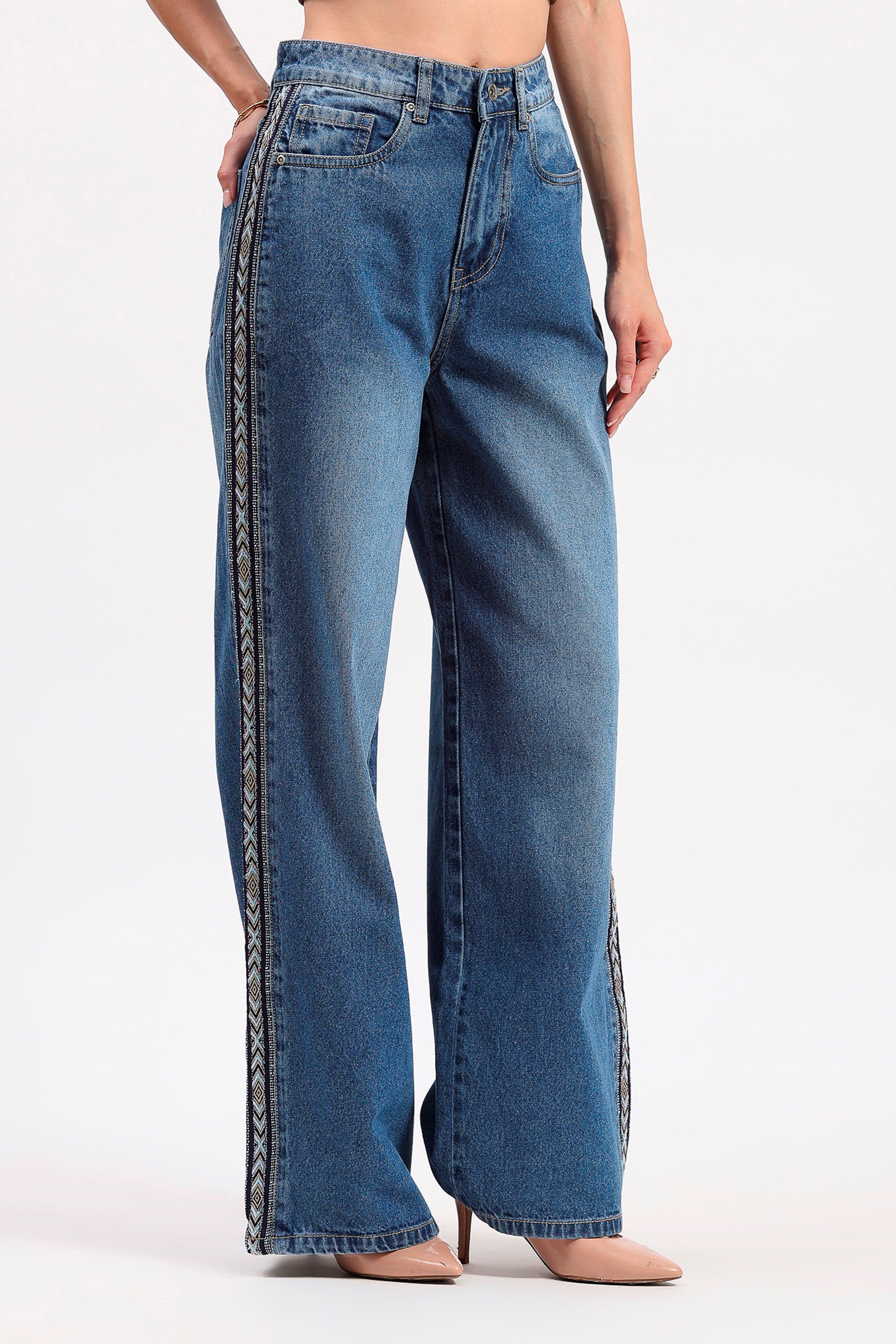 Blue Wide Leg Embroidered Jeans
