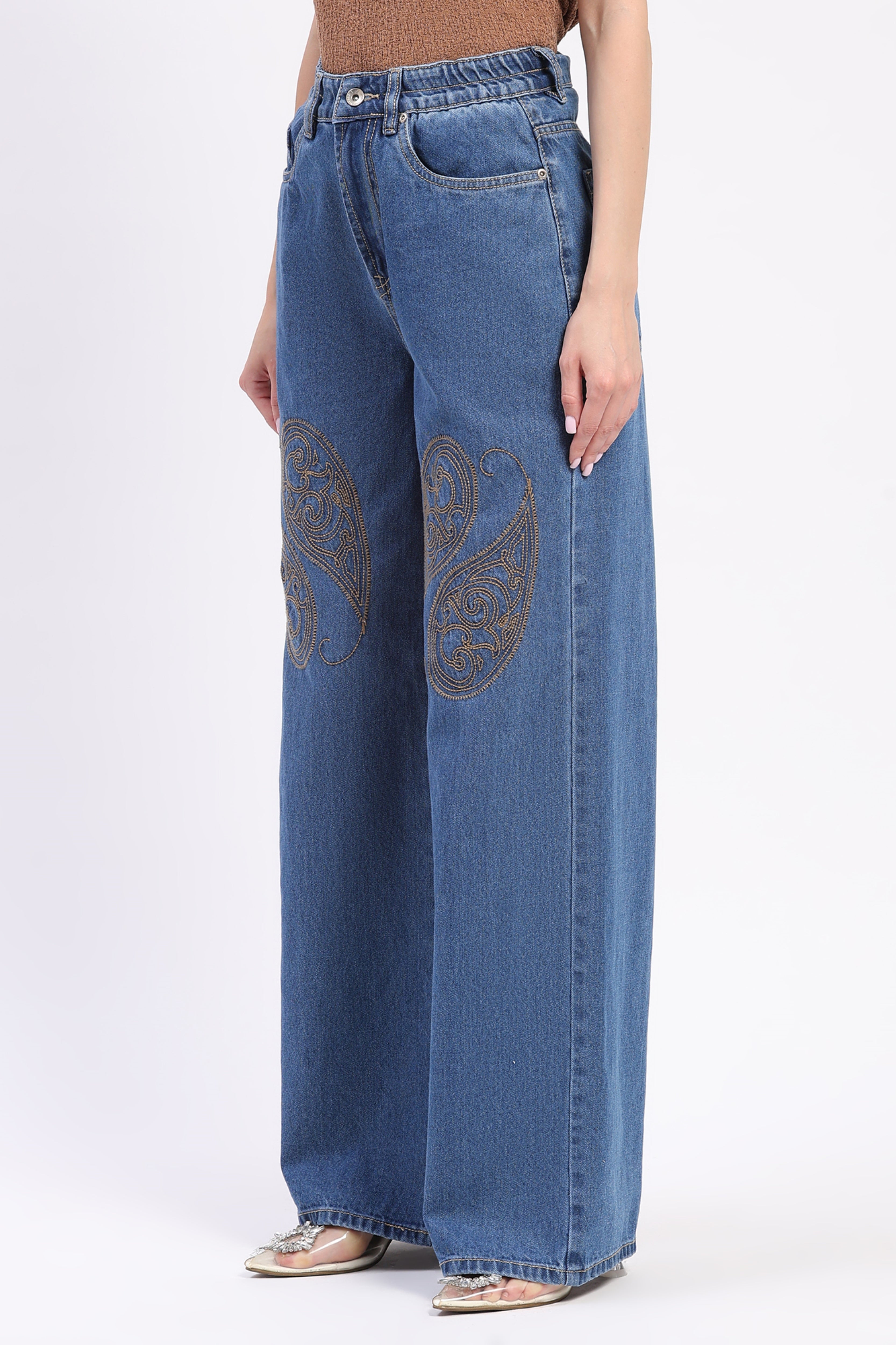 Blue Embroidered Wide Leg Jeans