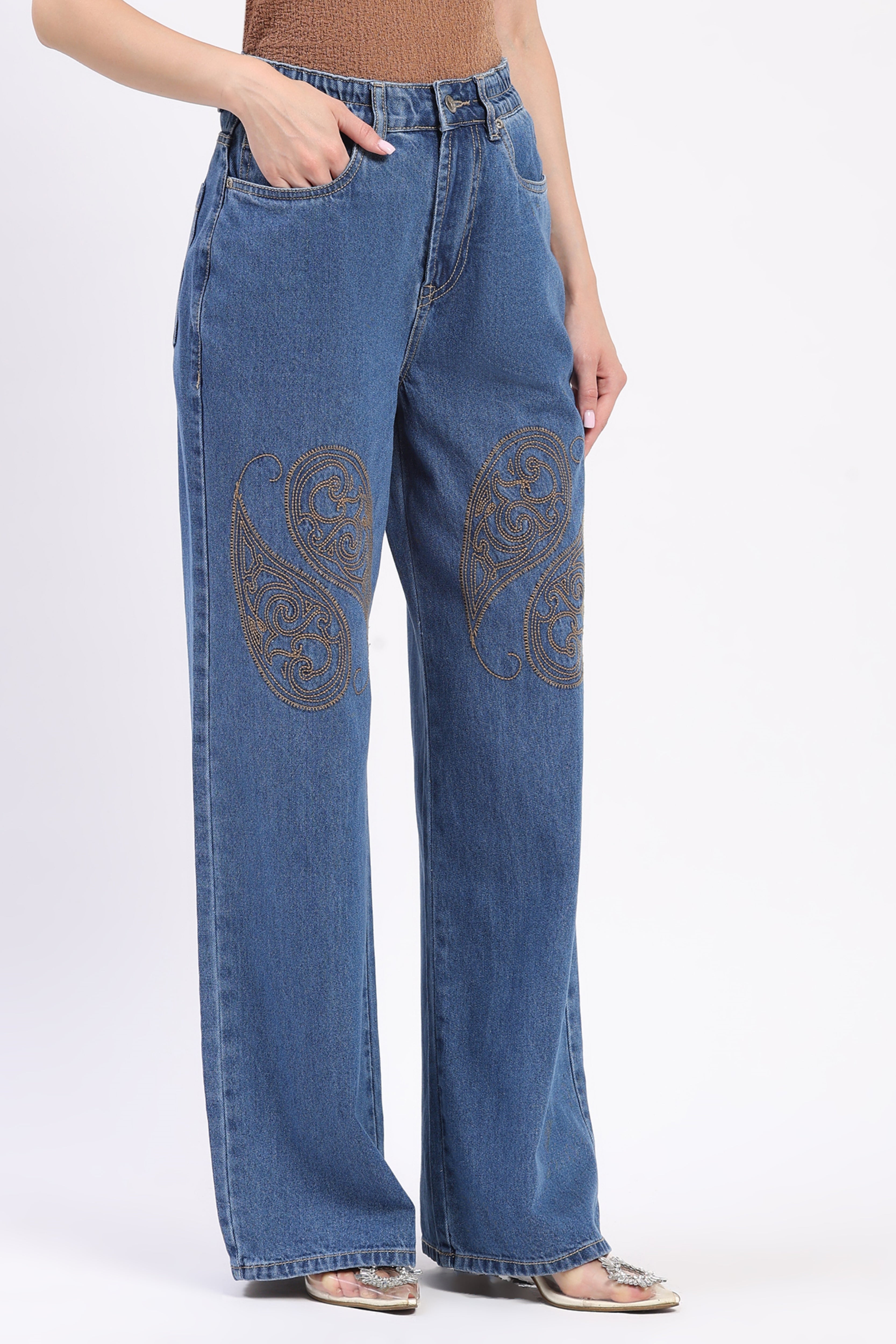 Blue Embroidered Wide Leg Jeans