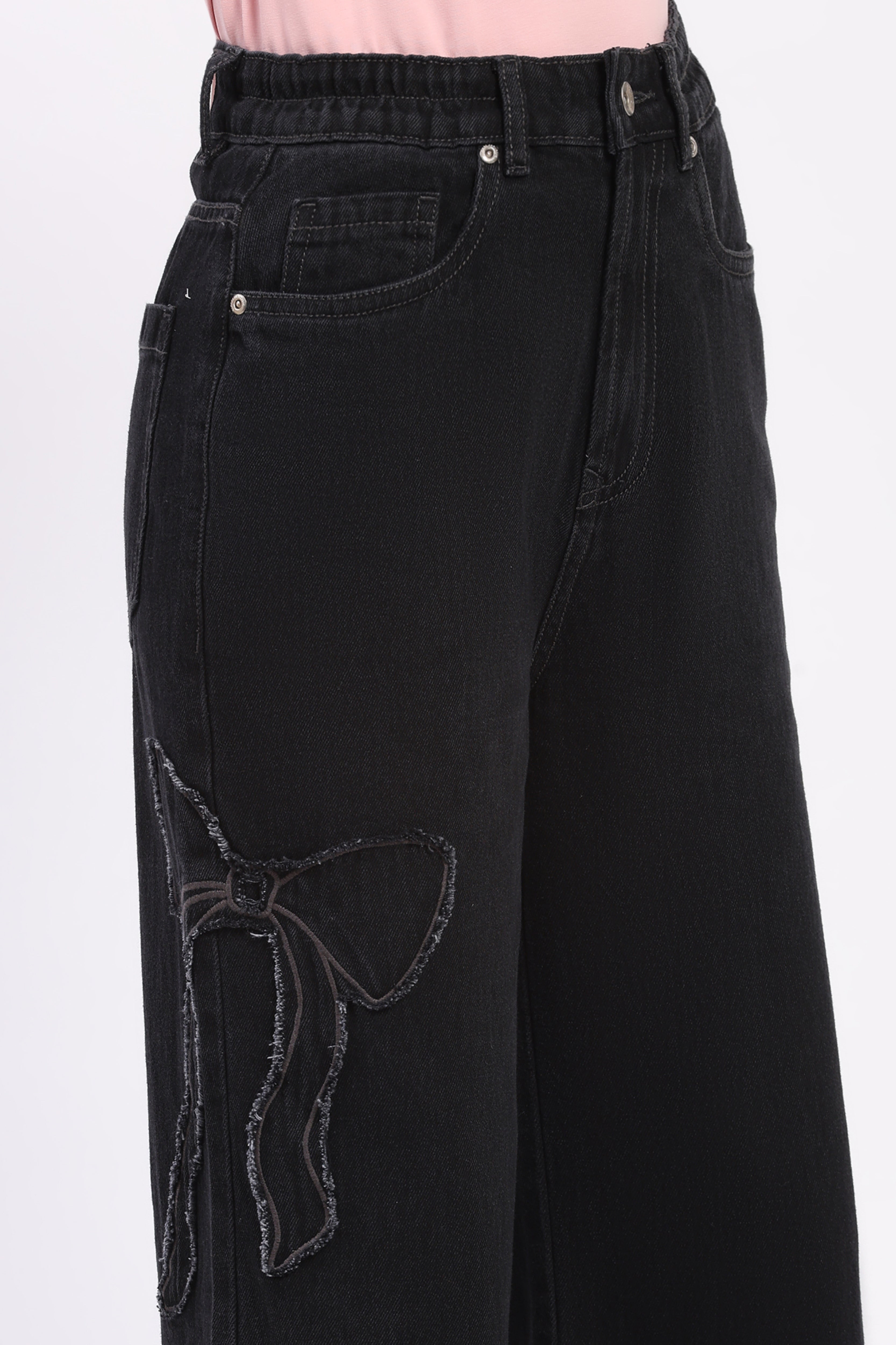 Black Bow Appliqué Wide Leg Jeans