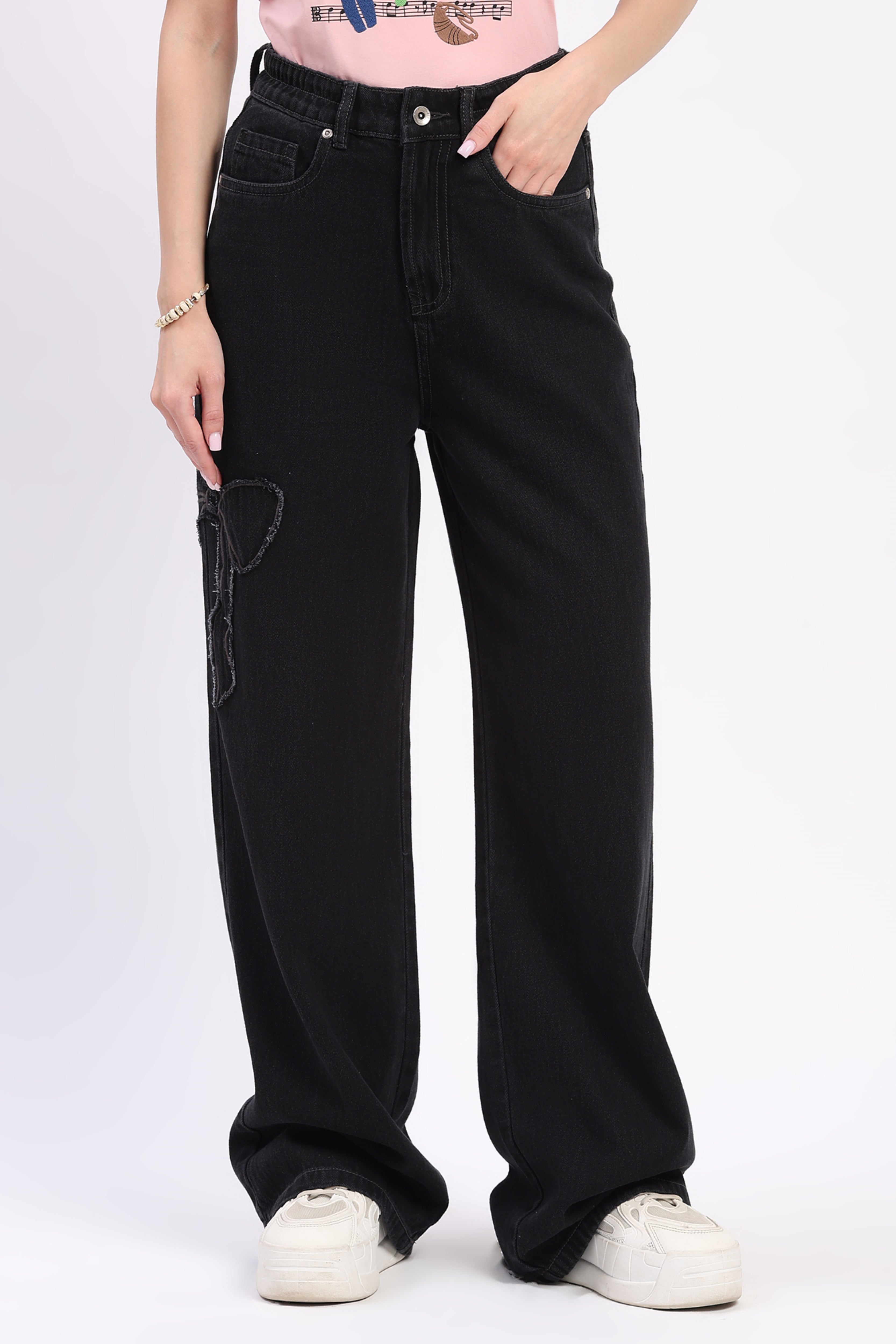 Black Bow Appliqué Wide Leg Jeans