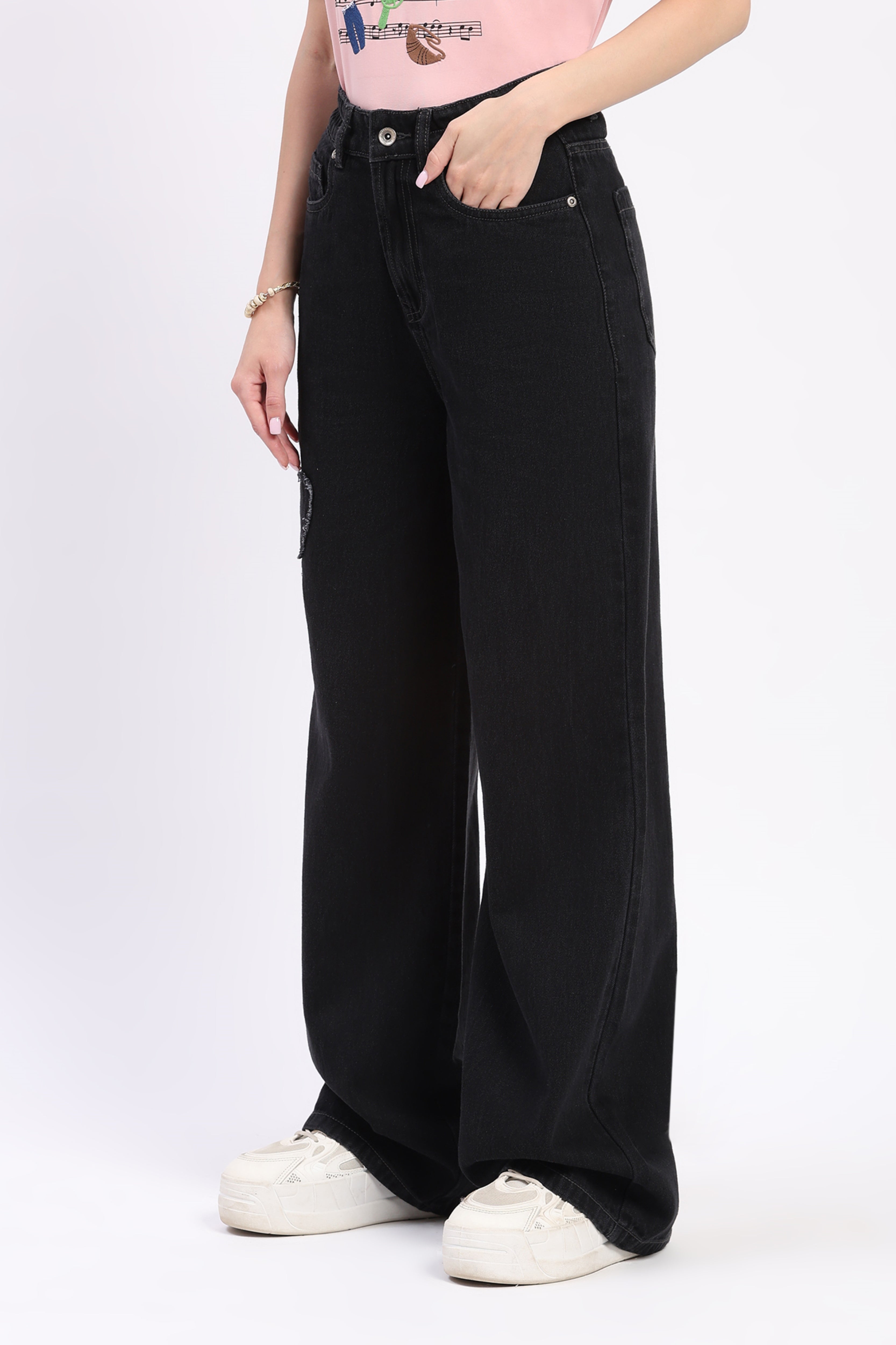 Black Bow Appliqué Wide Leg Jeans