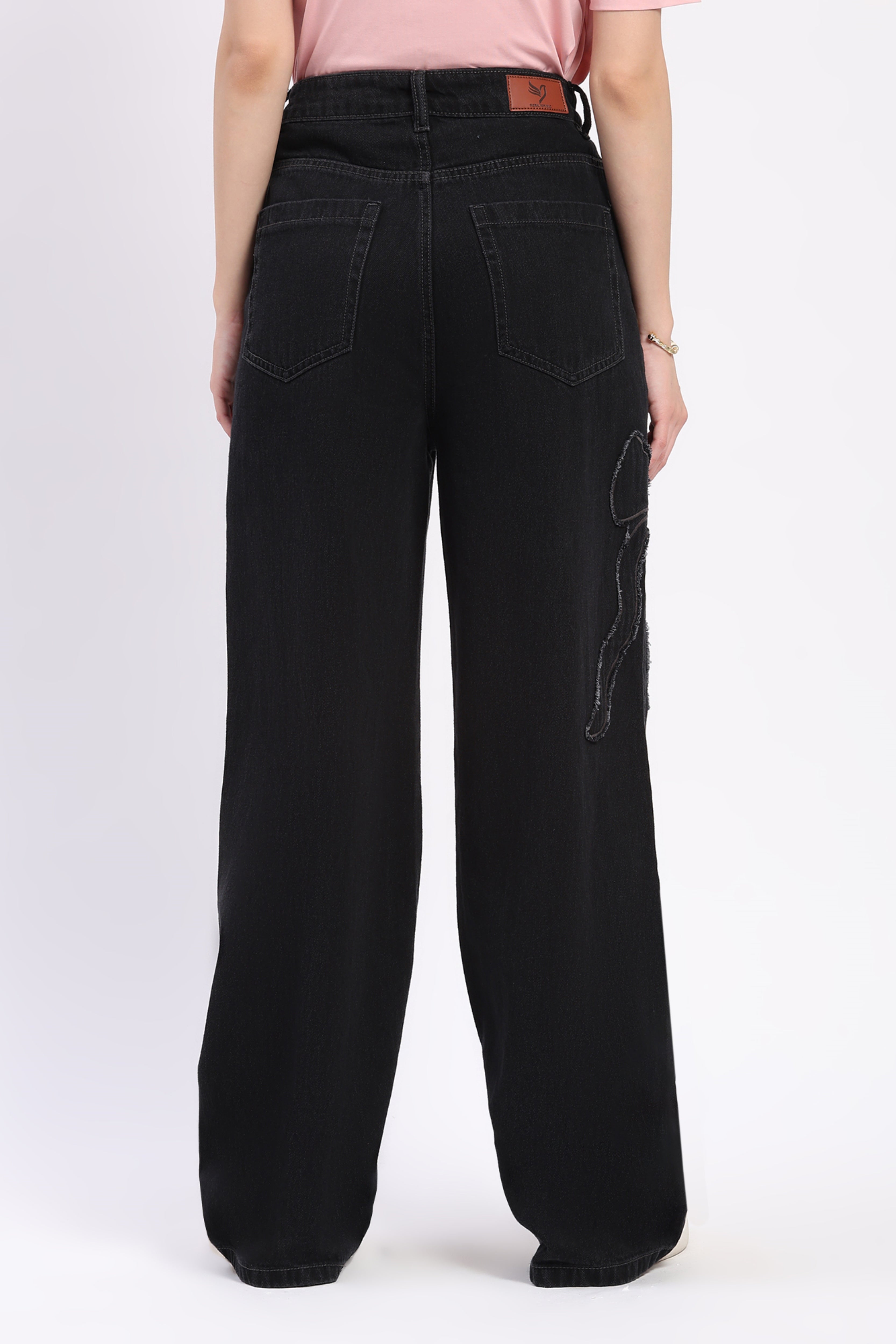 Black Bow Appliqué Wide Leg Jeans