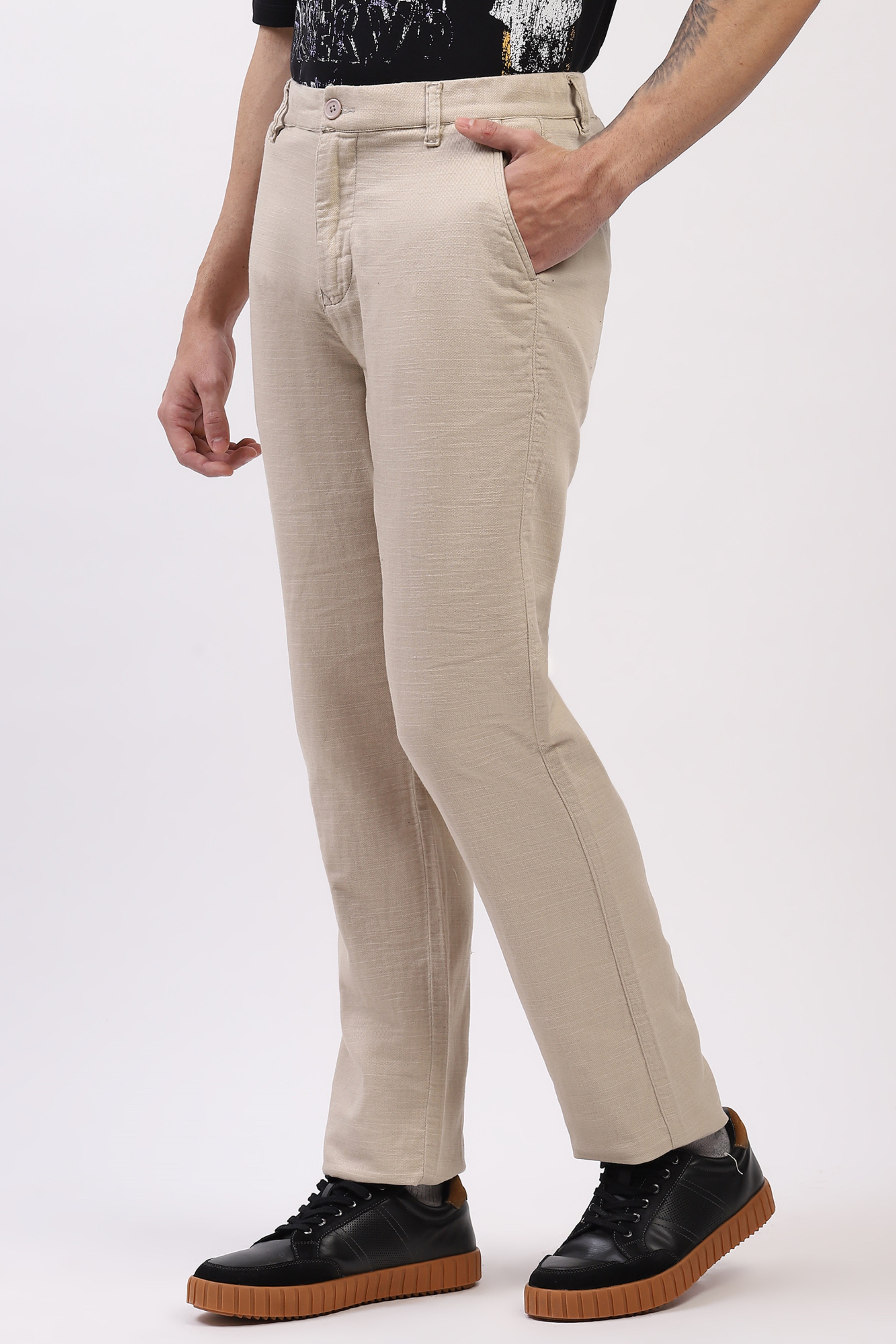 Beige Cotton Straight Fit Trouser