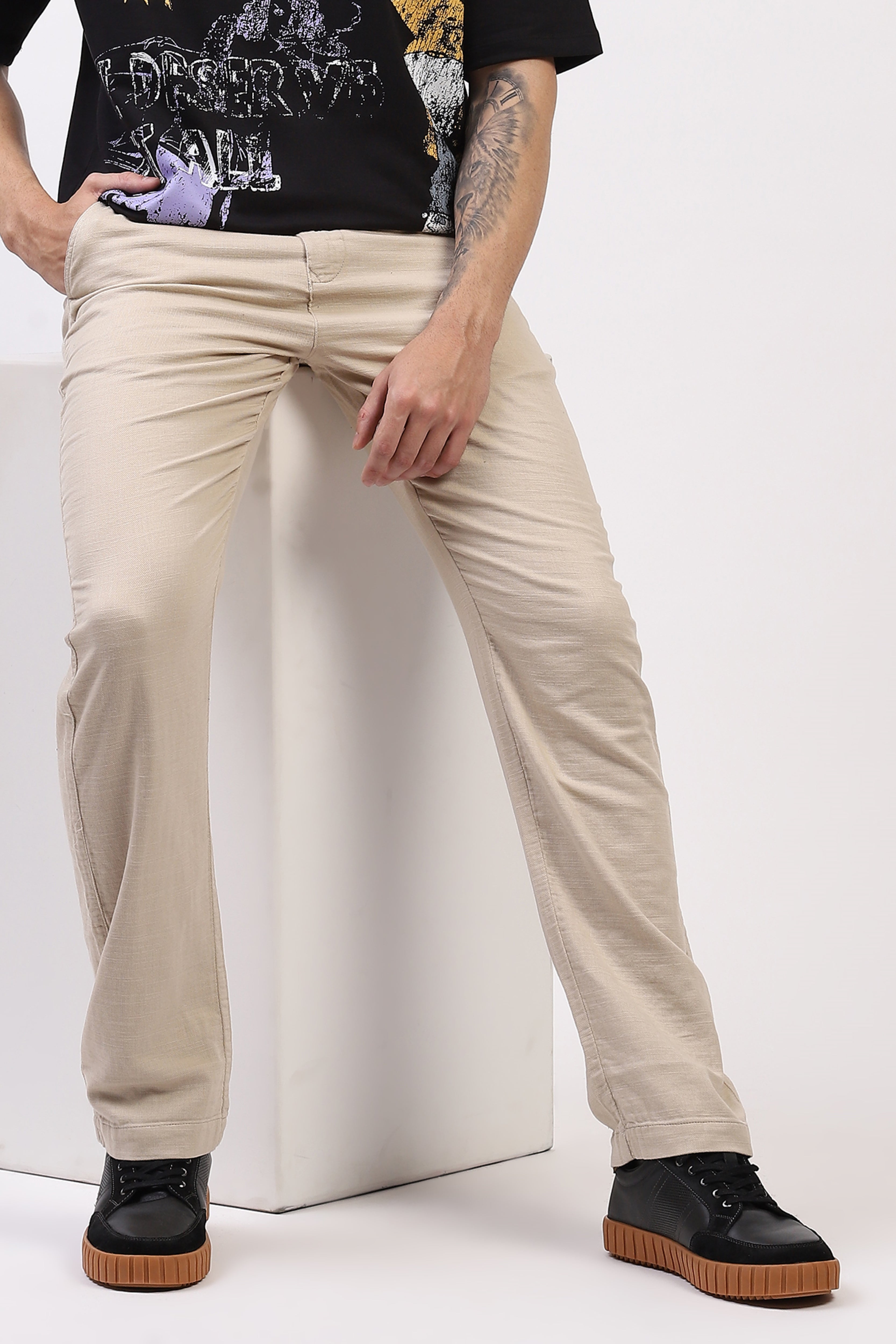 Beige Cotton Straight Fit Trouser