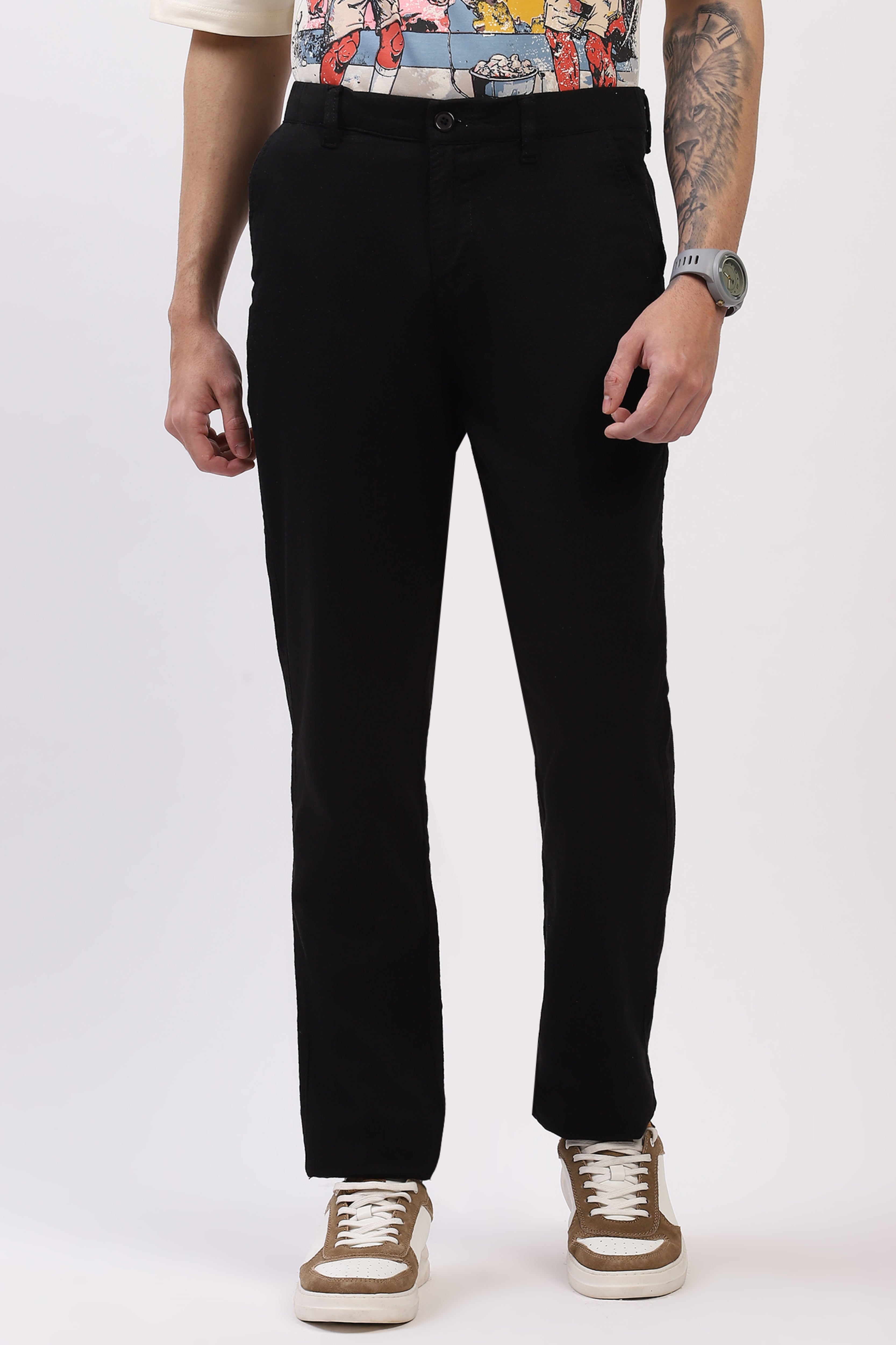 Black Cotton Straight Fit Trouser